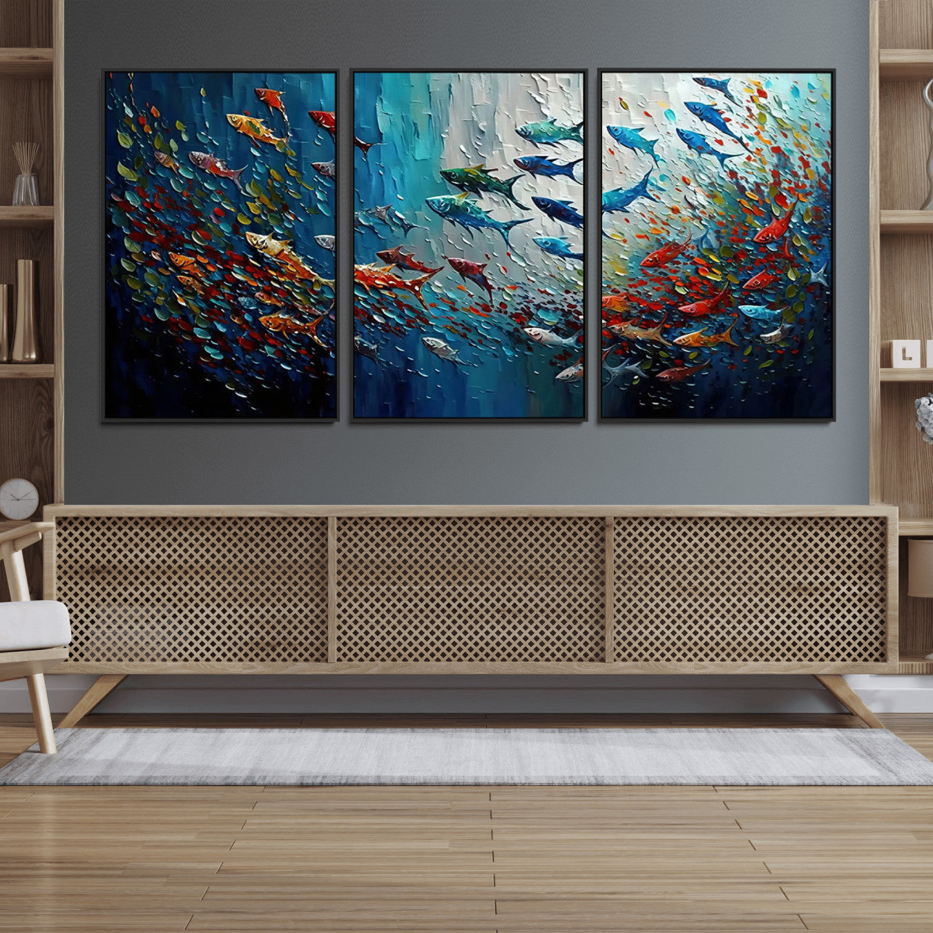 89626-MGV-FC-60X30-3P_Black-Modern Abstract Fish Shoal Wall Art Canvas Print, Colorful Fish Herd Painting on Canvas Print, Ocean