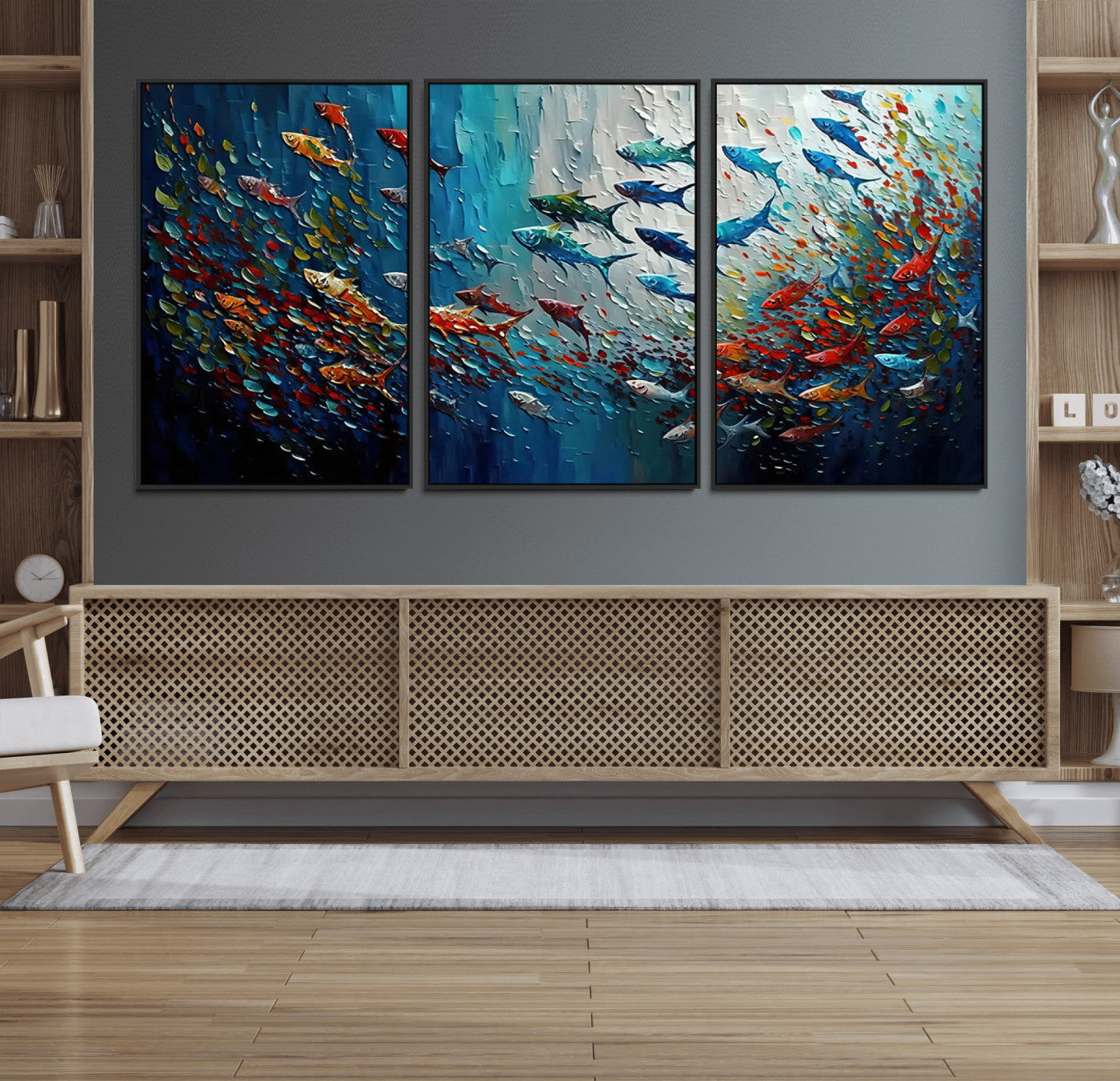 89626-MGV-FC-60X30-3P_Black-Modern Abstract Fish Shoal Wall Art Canvas Print, Colorful Fish Herd Painting on Canvas Print, Ocean