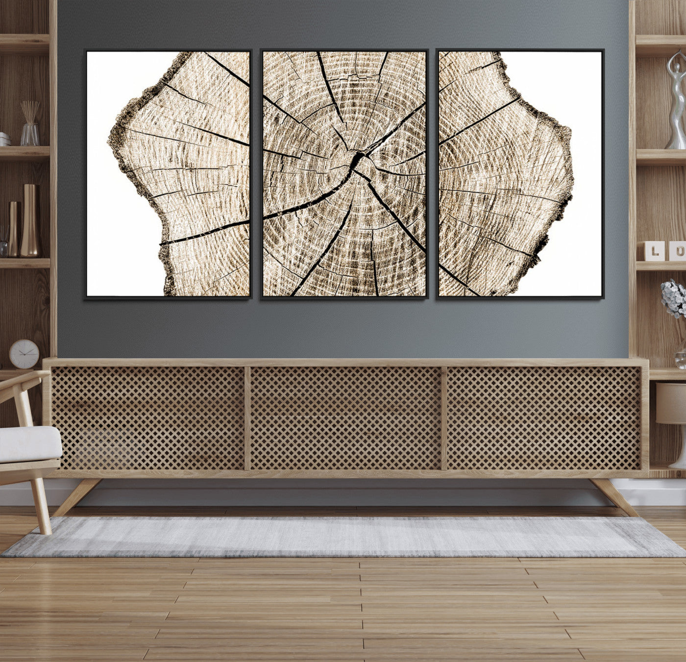 12450-MGV-FC-60X30-3P_Black-Abstract Wood Tree Ring Wall Art - Ready to Hang Minimalist Wooden Design for Rustic & Contemporary