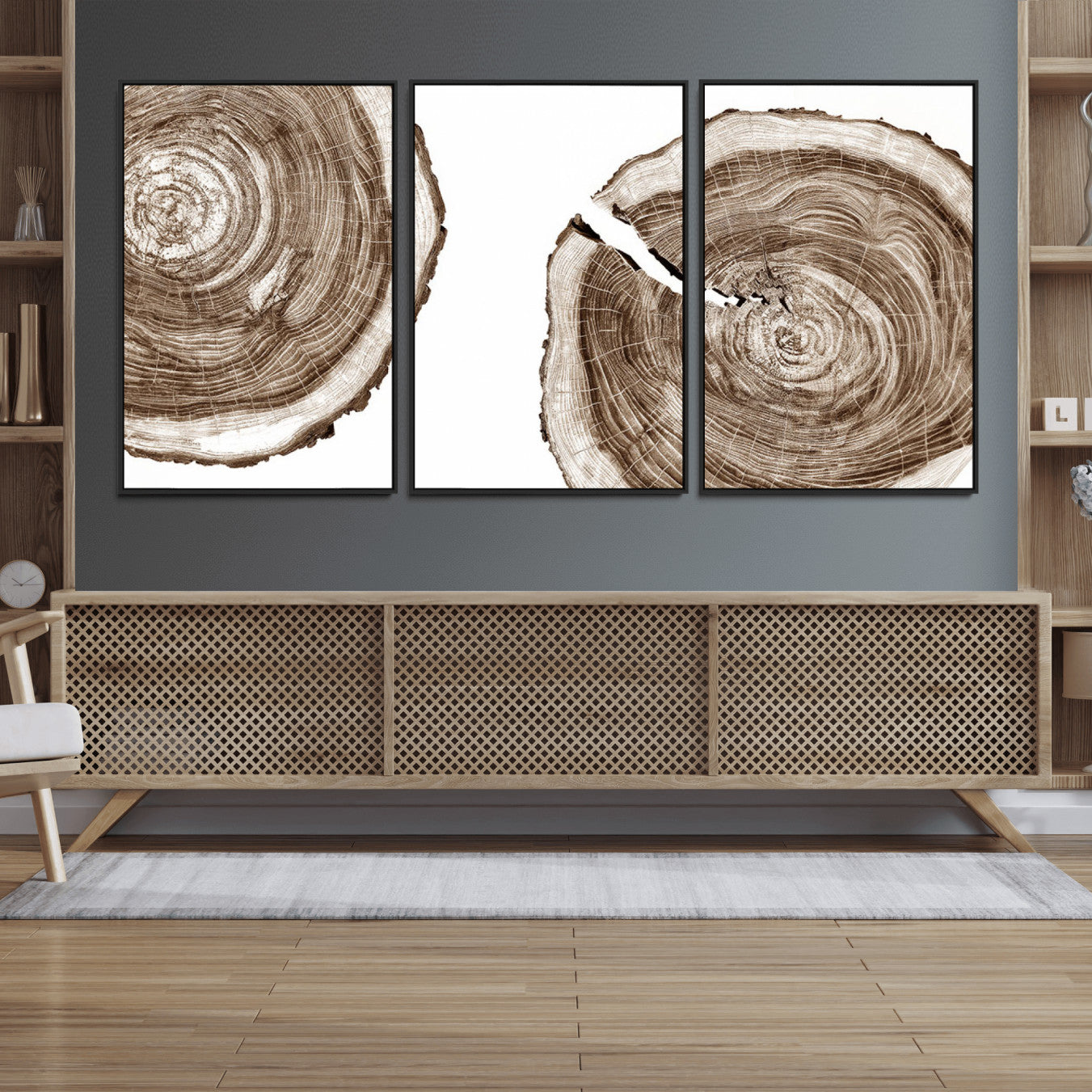 43743-MGV-FC-60X30-3P_Black-Wood Tree Ring Wall Art Canvas Prints, Tree Rings – Minimalist Black and White Wood Art | Triptych