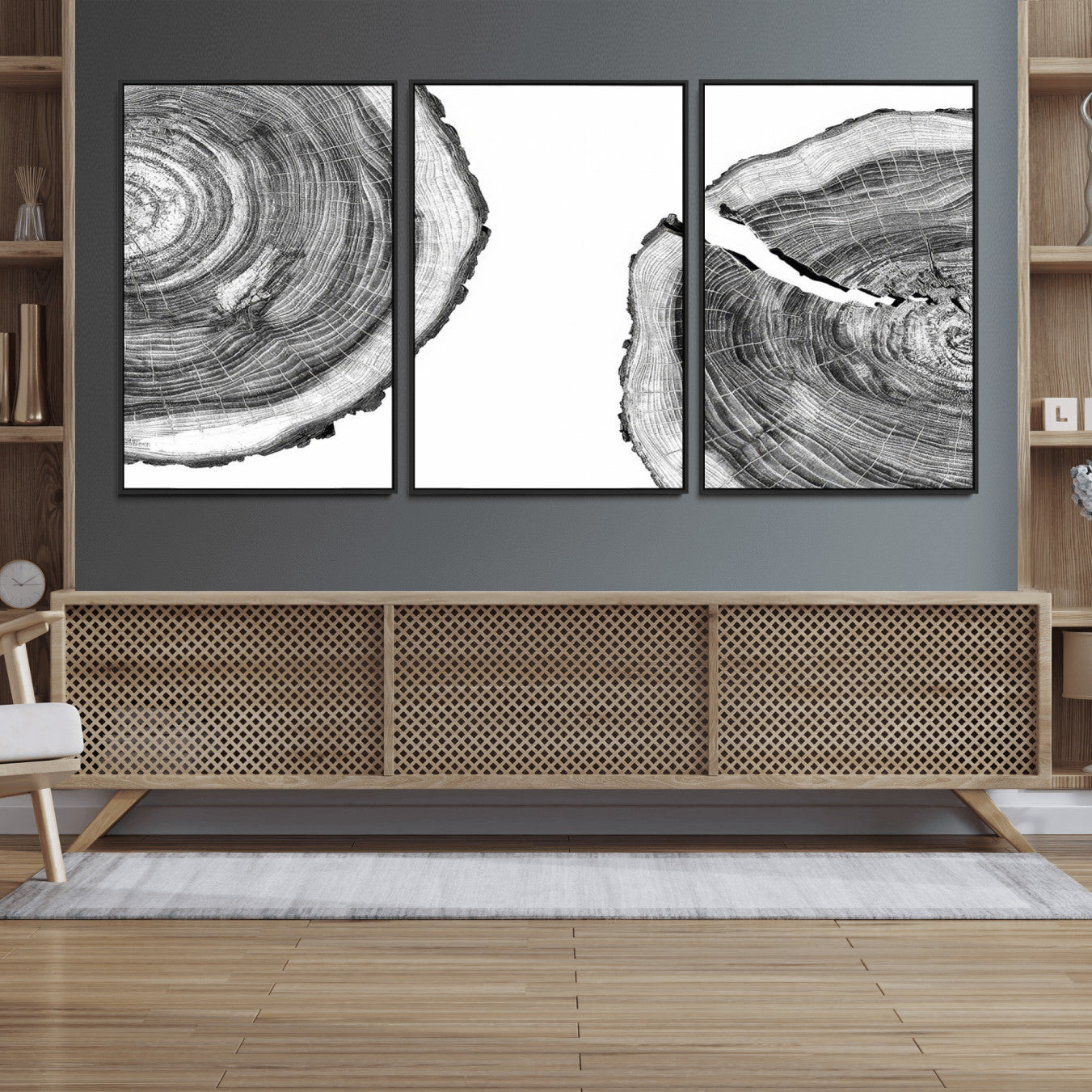 52770-MGV-FC-60X30-3P_Black-Abstract Large Tree Rings – Minimalist Black and White Wood Art | Triptych Canvas, Modern Wall Decor