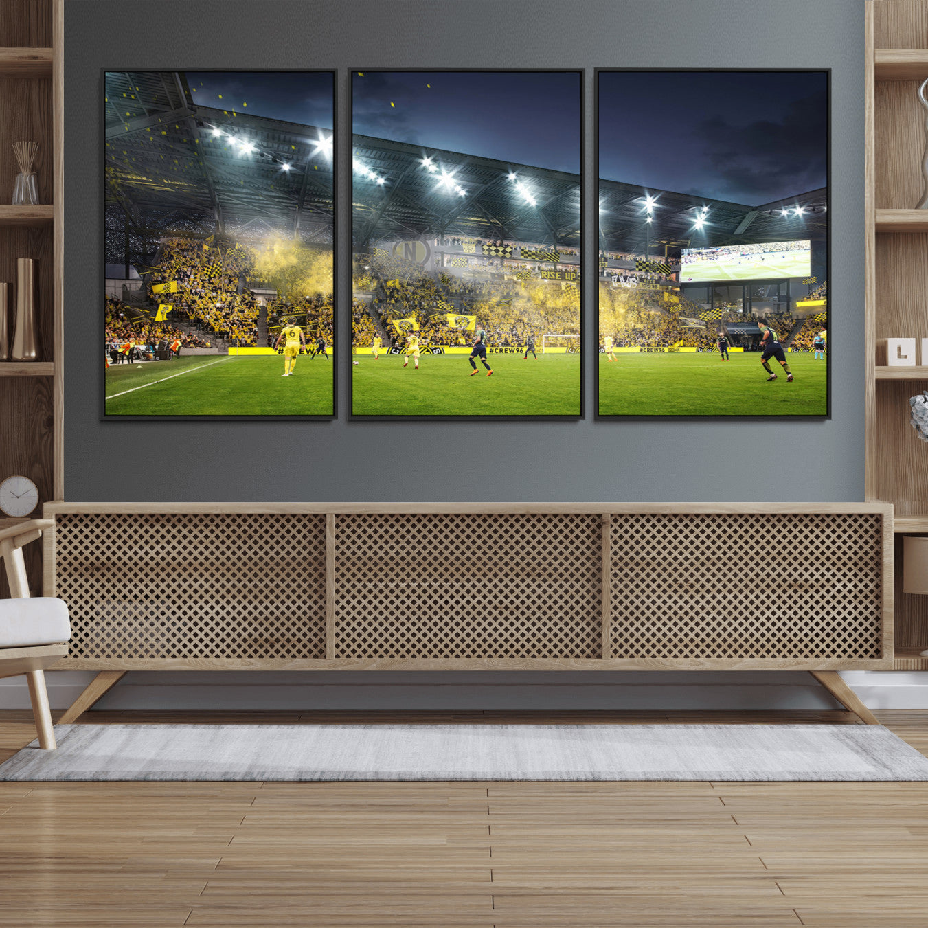 65820-MGV-FC-60X30-3P_Black-Columbus Crew Stadium Match Triple Canvas Wall Art - Dynamic MLS Game Scene Canvas Wall Art