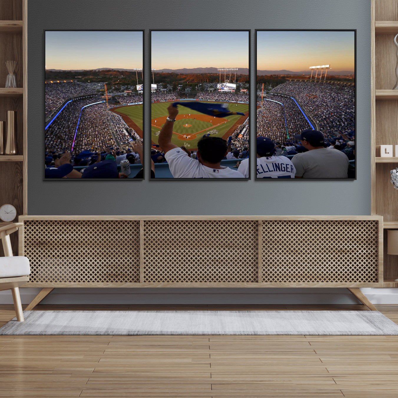 60162-MGV-FC-60X30-3P_Black-Dodger Stadium Sunset Game Triple Canvas Wall Art - Los Angeles Dodgers MLB Match