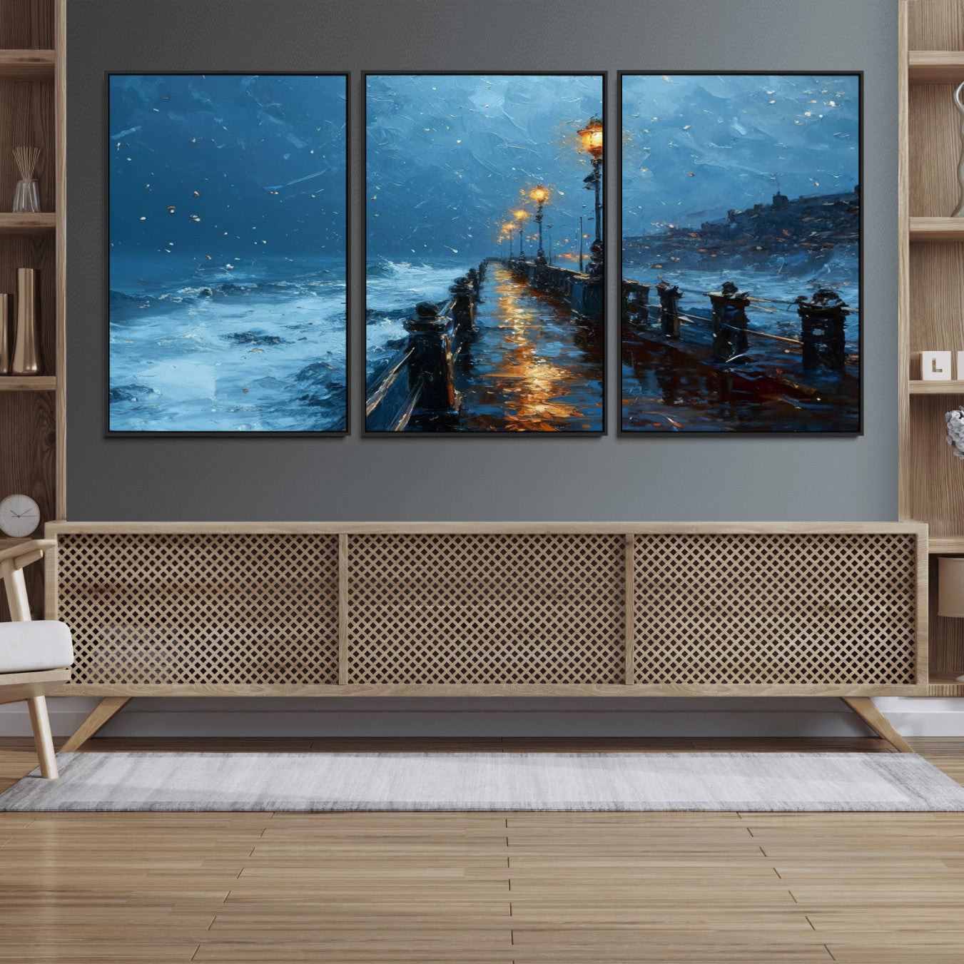 47244-MGV-FC-60X30-3P_Black-Stormy Night at Beach Pier Oil Painting Large Wall Art Print, Framed Canvas Nature Wall Decor,