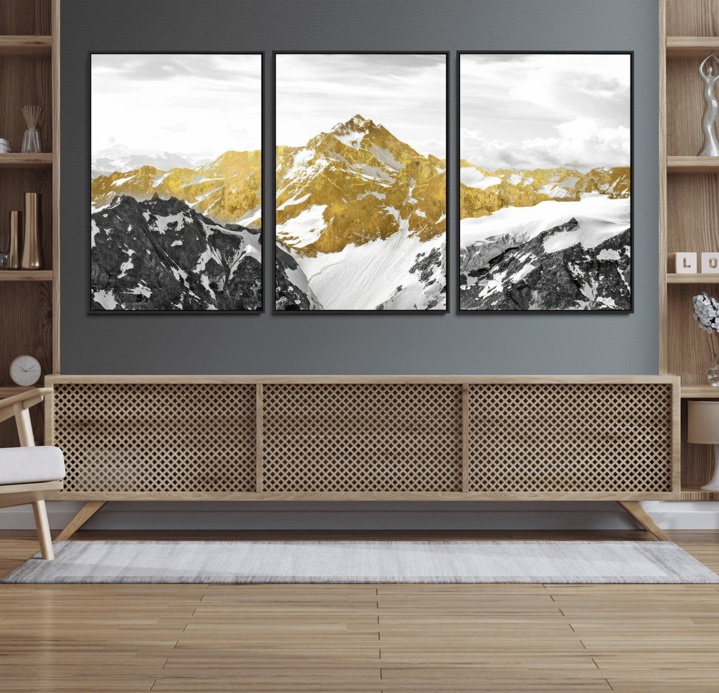 32102-MGV-FC-60X30-3P_Black-Gold Abstract Mountains Wall Art Print on Canvas, Nature Wall Art Print,