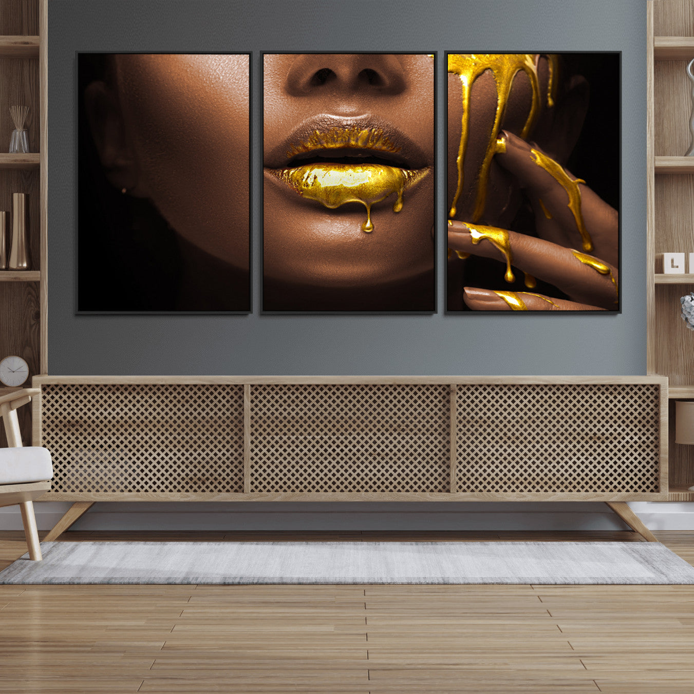 35346-MGV-FC-60X30-3P_Black-African American Art Black Woman Canvas Print, African Wall Art, Fashion African Woman Gold Lips