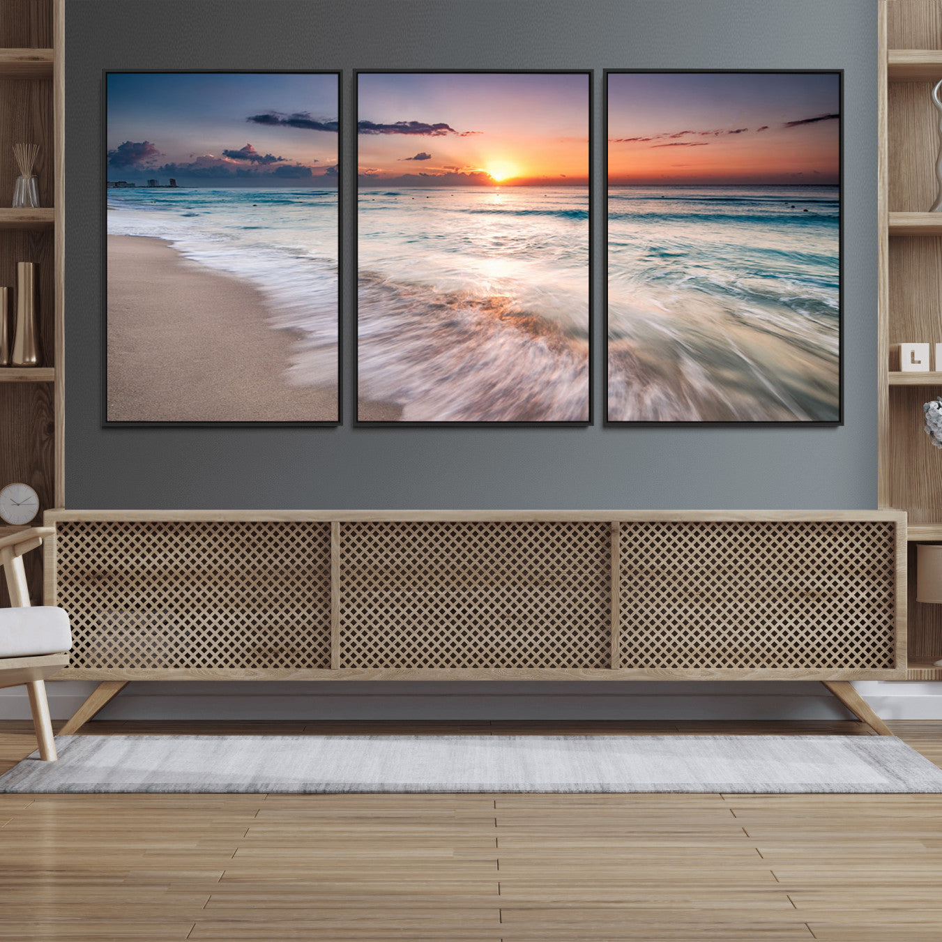 11379-MGV-FC-60X30-3P_Black-Sunset Beach Wall Art – Soothing Coastal Landscape, Ready to Hang for Tranquil Home Decor