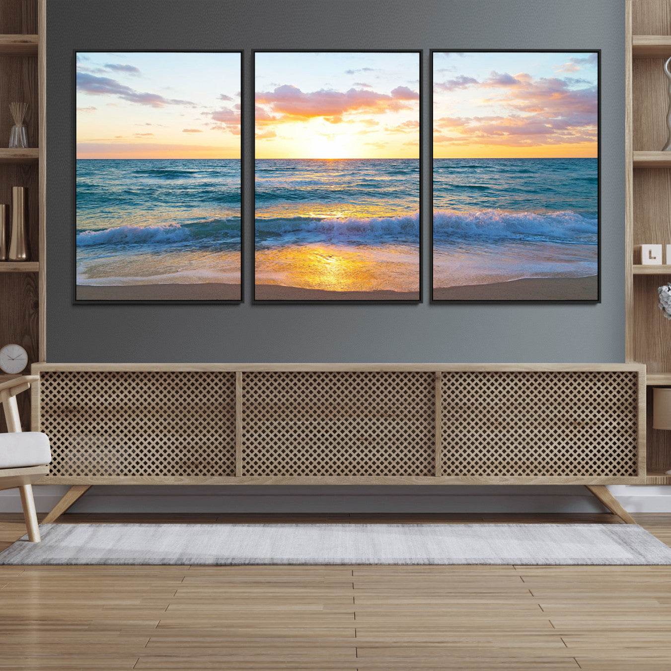 63383-MGV-FC-60X30-3P_Black-Golden Sunset Over Ocean Waves - Serene Coastal Triptych Wall Art for Relaxing Home Decor, Ready to