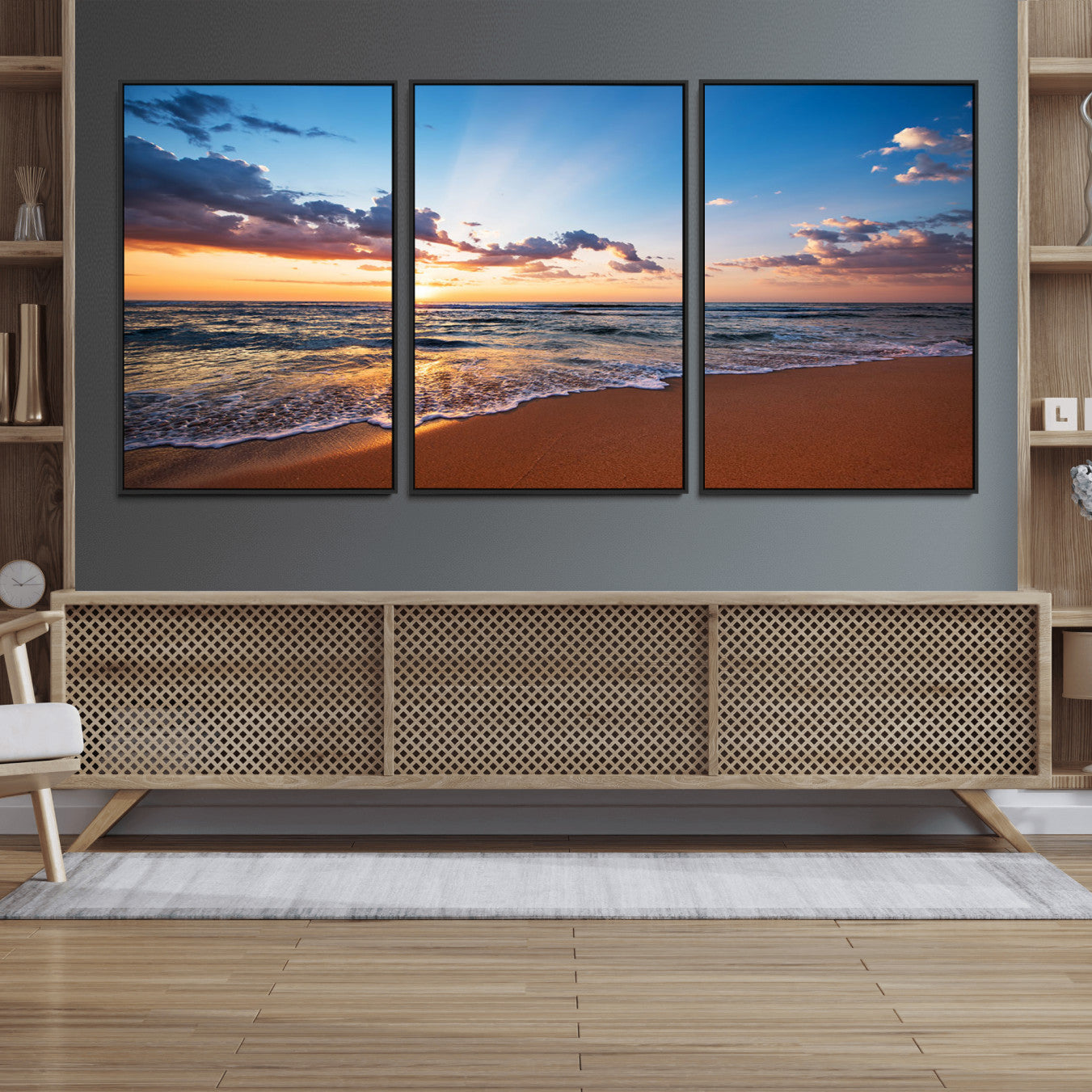 68915-MGV-FC-60X30-3P_Black-Golden Hour Beach Sunset Wall Art | Canvas Print | Ready to Hang | Coastal Wall Art for Living Room