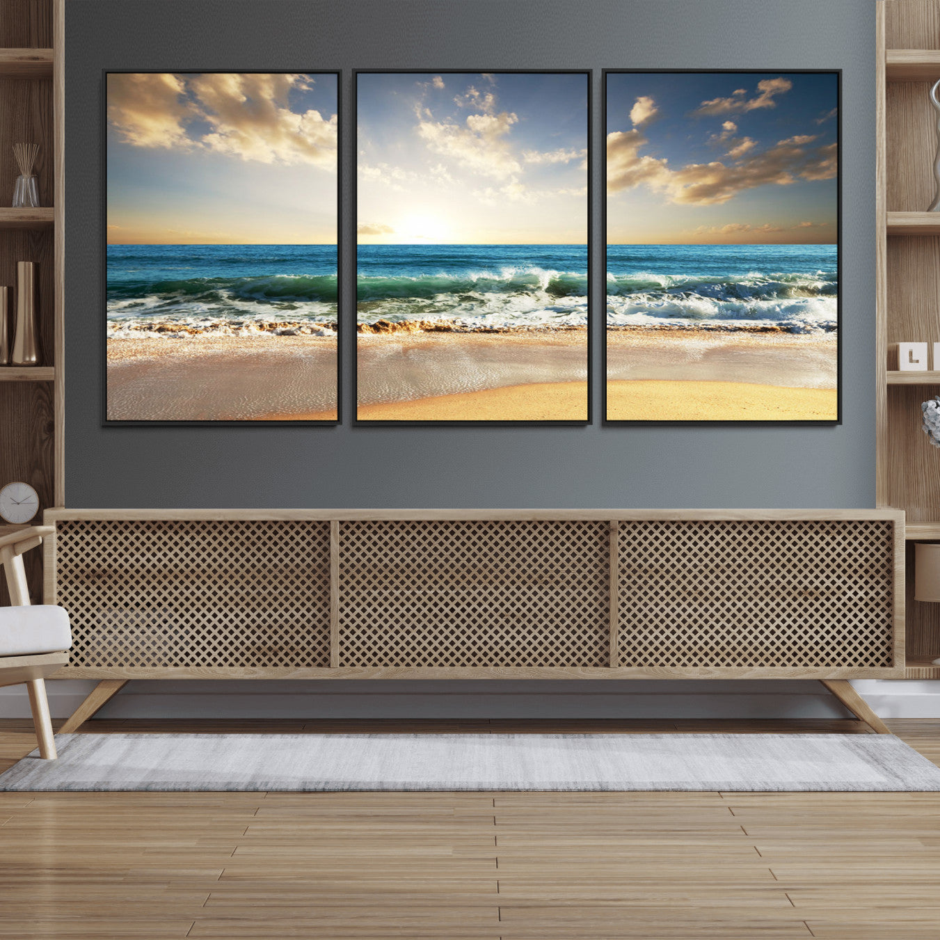 83376-MGV-FC-60X30-3P_Black-Golden Sunset Beach Triptych Canvas Wall Art for Living Room – 3-Panel Ocean View, Framed & Ready to