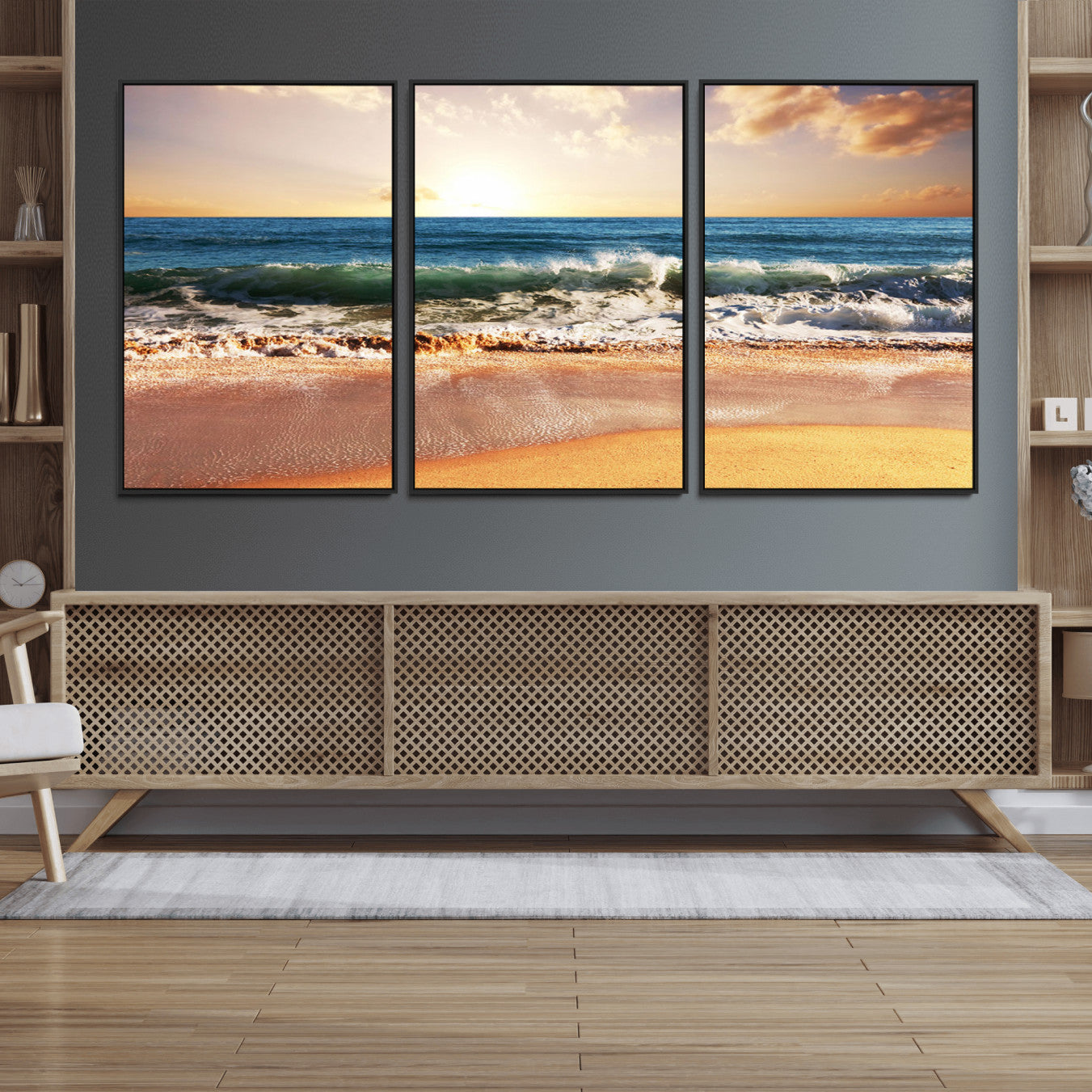 42011-MGV-FC-60X30-3P_Black-Sunset Beach Wall Art - 3-Panel Framed Canvas Print, Ready to Hang Ocean Sunset for Coastal and