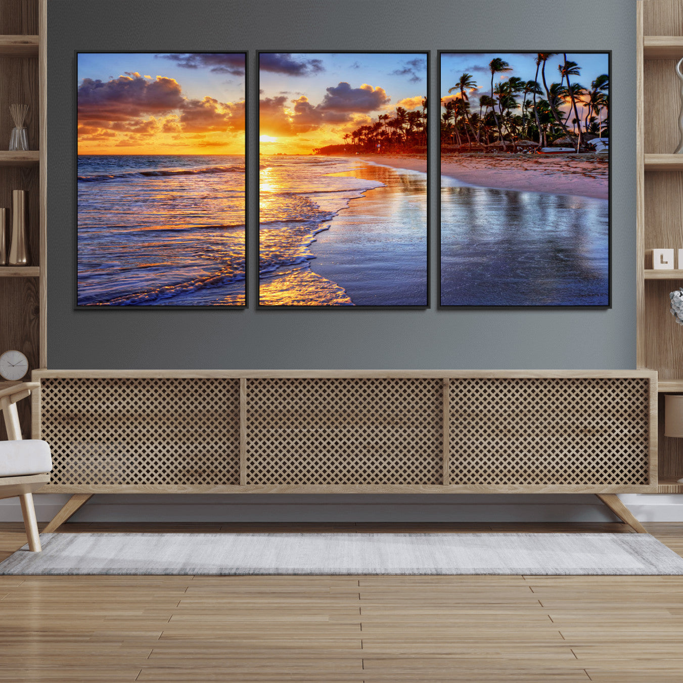 32177-MGV-FC-60X30-3P_Black-Serene Beach Sunset Wall Art Canvas- Coastal Seascape Print for Living Room or Bedroom, Ocean Waves
