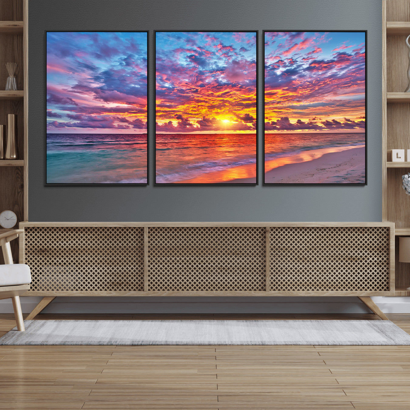 12616-MGV-FC-60X30-3P_Black-Vibrant Sunset Beach Wall Art - Ocean Sunset Canvas Print | Coastal Wall Art Decor Stunning Sunset
