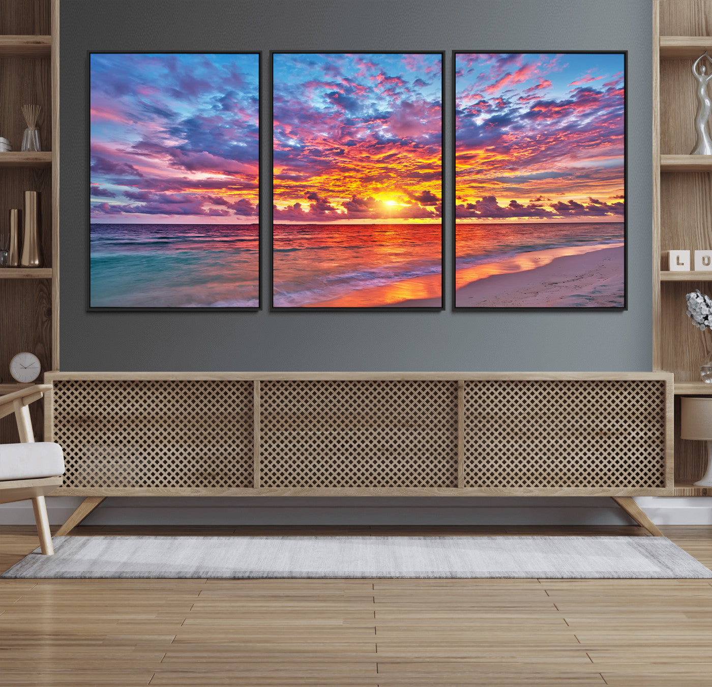 12616-MGV-FC-60X30-3P_Black-Vibrant Sunset Beach Wall Art - Ocean Sunset Canvas Print | Coastal Wall Art Decor Stunning Sunset