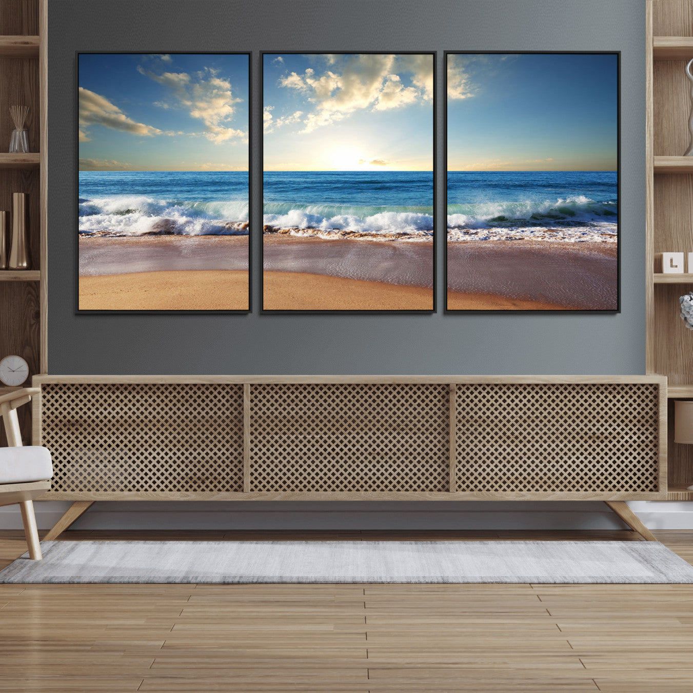 36512-MGV-FC-60X30-3P_Black-Serene Ocean Sunset Canvas Wall Art - Beach Waves at Sunset, Ready to Hang