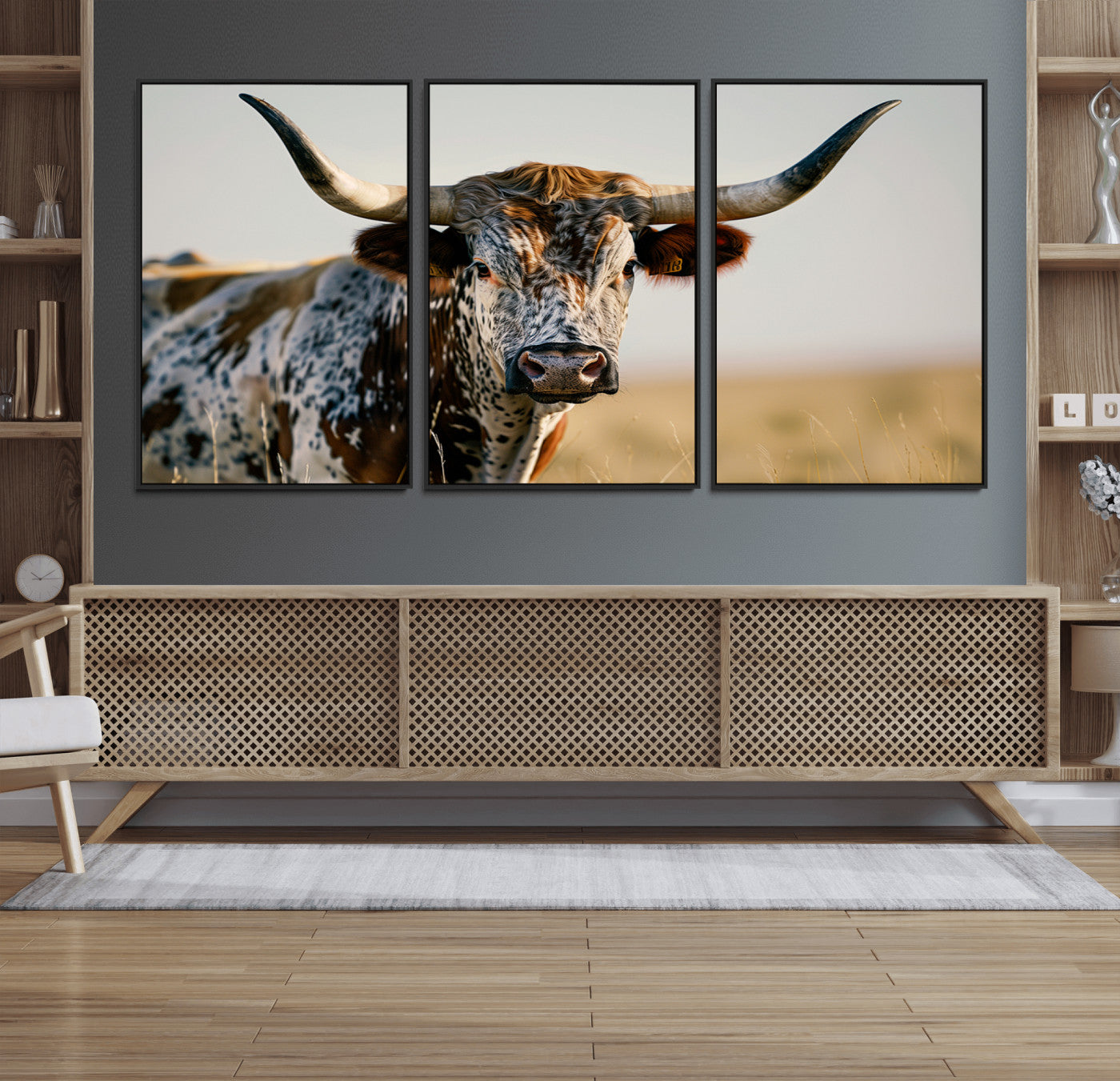 80329-MGV-FC-60X30-3P_Black-Texas Bull Longhorn Wall Art Canvas Print for Farm House Wall Decor, Farmhouse Wall Art Print