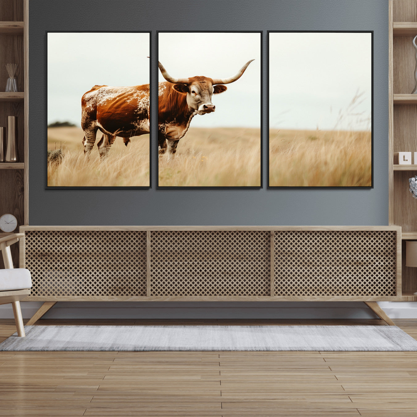 62910-MGV-FC-60X30-3P_Black-Texas Longhorn Canvas Wall Art Print – Majestic Western Cattle in Rustic Farmhouse Decor – Cow Wall