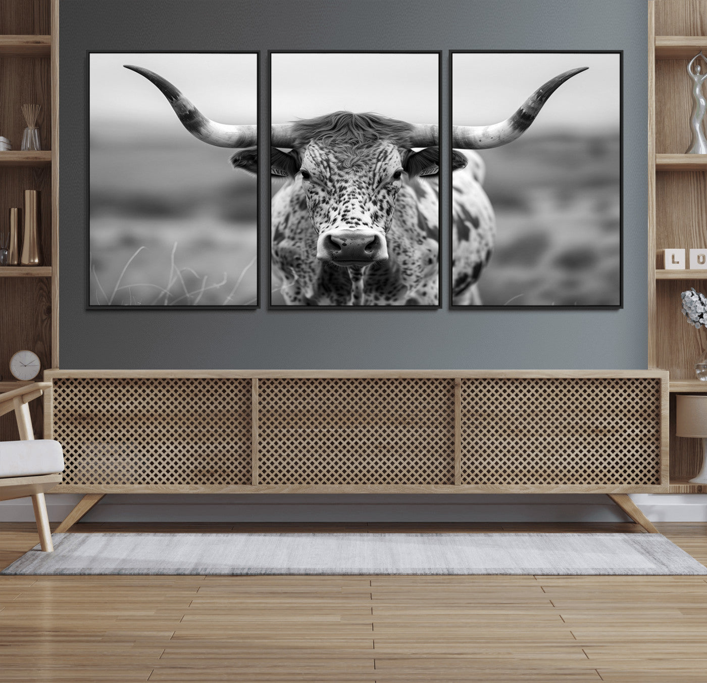 77331-MGV-FC-60X30-3P_Black-Texas Cow Longhorn Wall Art Canvas Print for Farm House Wall Decor, Farmhouse Wall Art Print