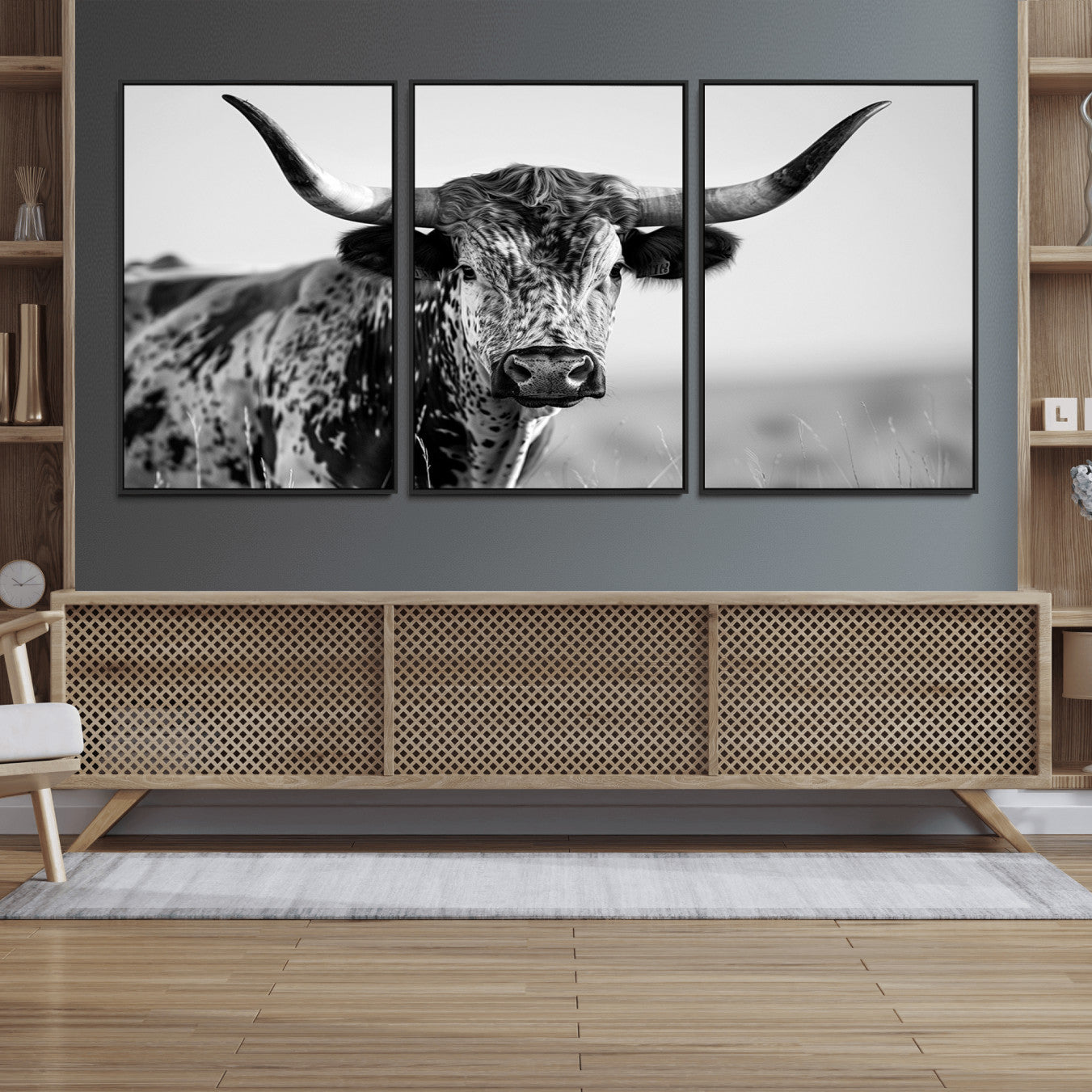 89724-MGV-FC-60X30-3P_Black-Texas Highland Cow Longhorn Canvas Print - Rustic Farmhouse Wall Art - Large Texas Longhorn