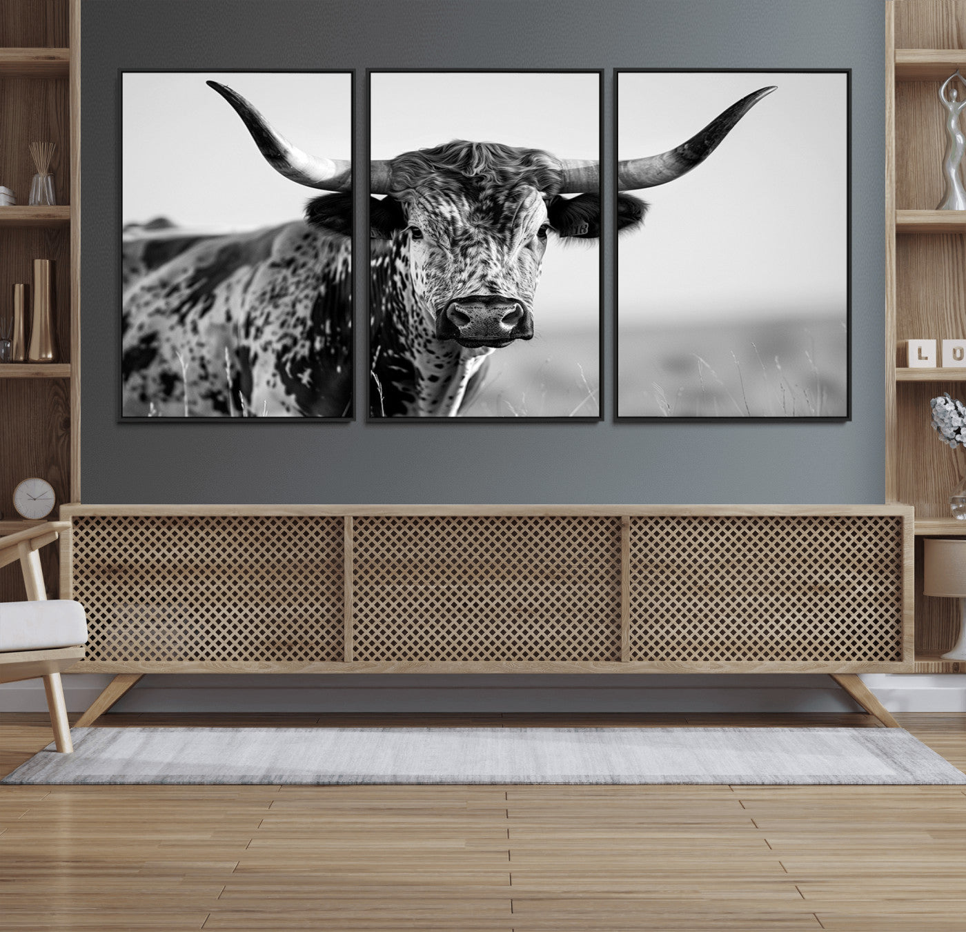 89724-MGV-FC-60X30-3P_Black-Texas Cow Longhorn Wall Art Canvas Print in Black and White – Framed, Ready to Hang