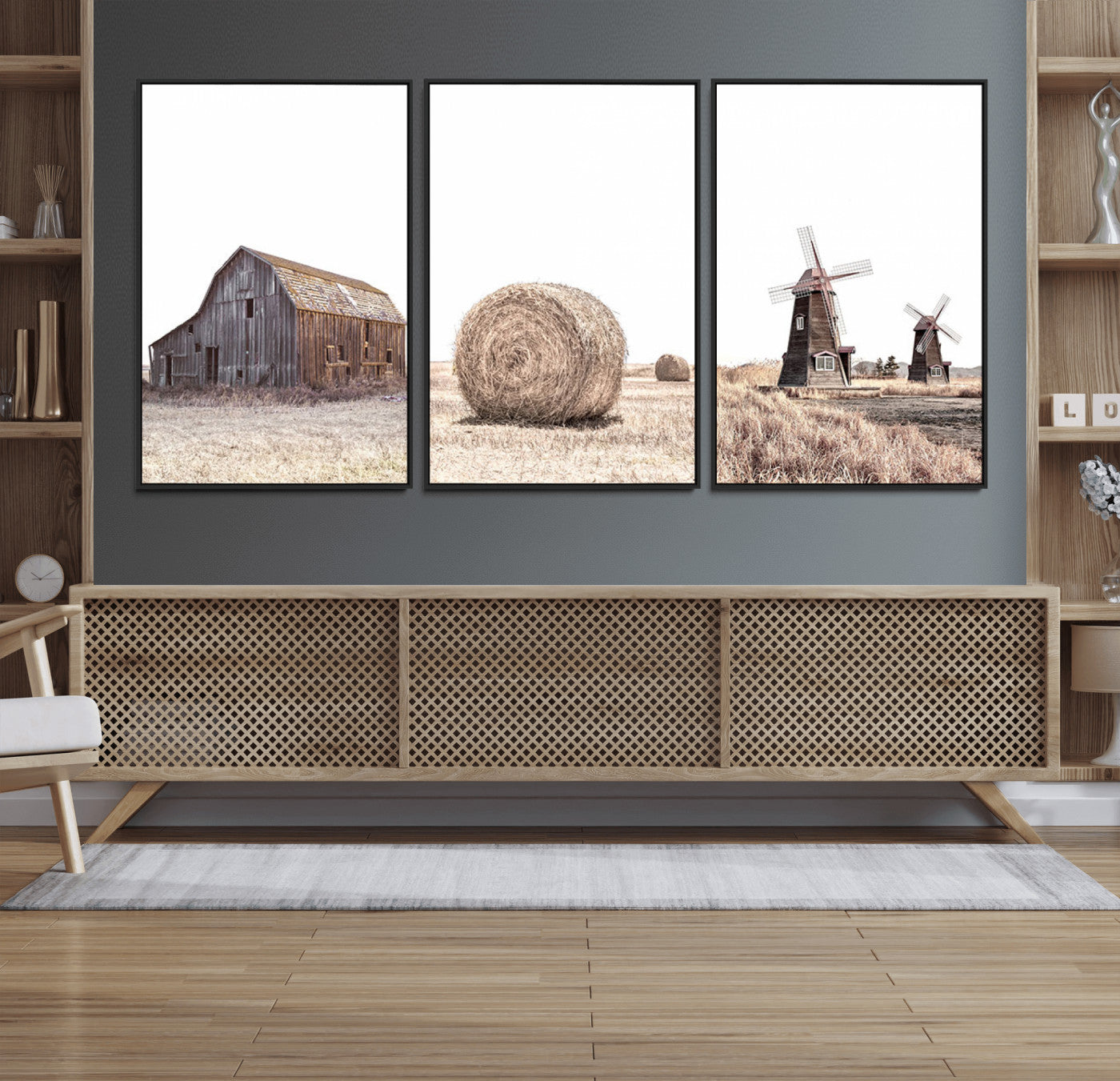 94971-MGV-FC-60X30-3P_Black-Farm Prints Set, Set of 3 Farmhouse Wall Art, Country House Decor, Barn Print, Wheat Print,