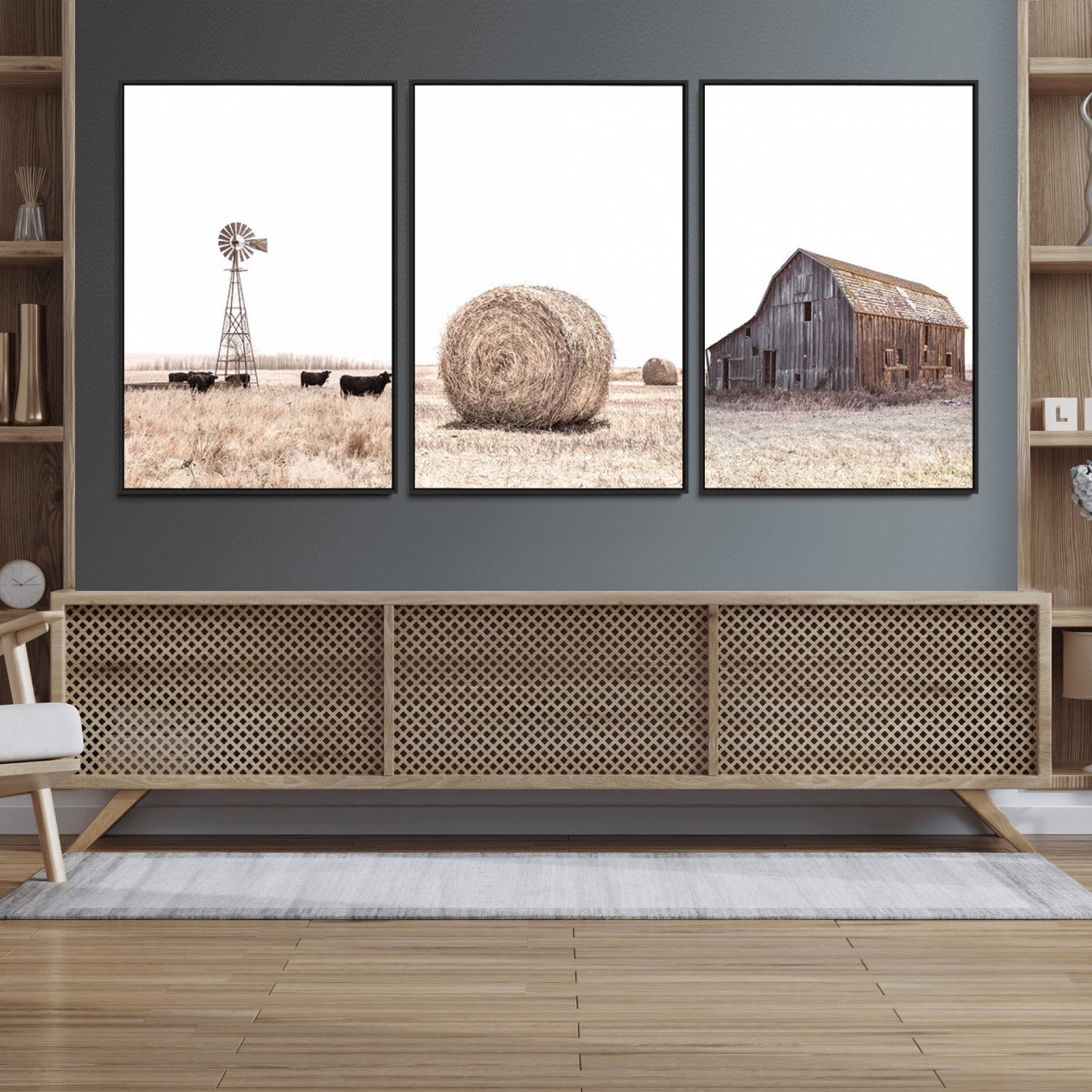 30918-MGV-FC-60X30-3P_Black-Farm Prints Set, Set of 6 Farmhouse Wall Art, Country House Decor, Barn Print, Wheat Print,