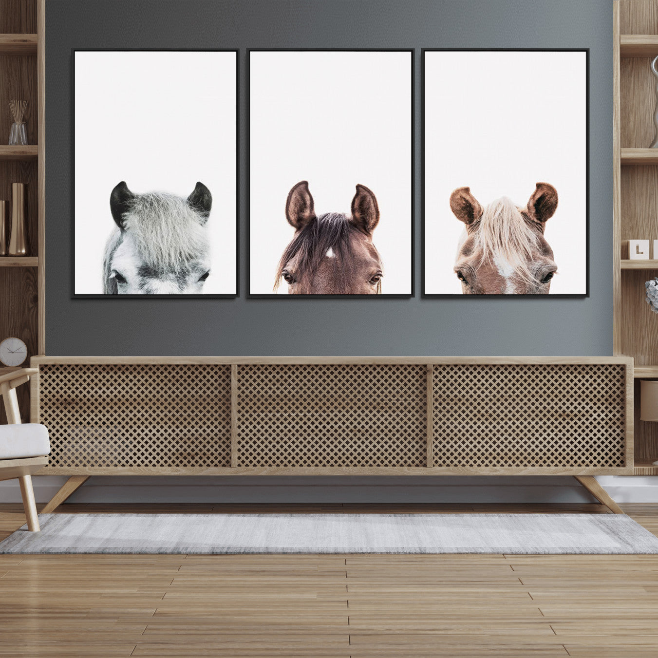 16020-MGV-FC-60X30-3P_Black-Horse Wall Art - Minimalist Horse Triptych Wall Art – Modern 3-Panel Giclée Canvas Featuring Horse