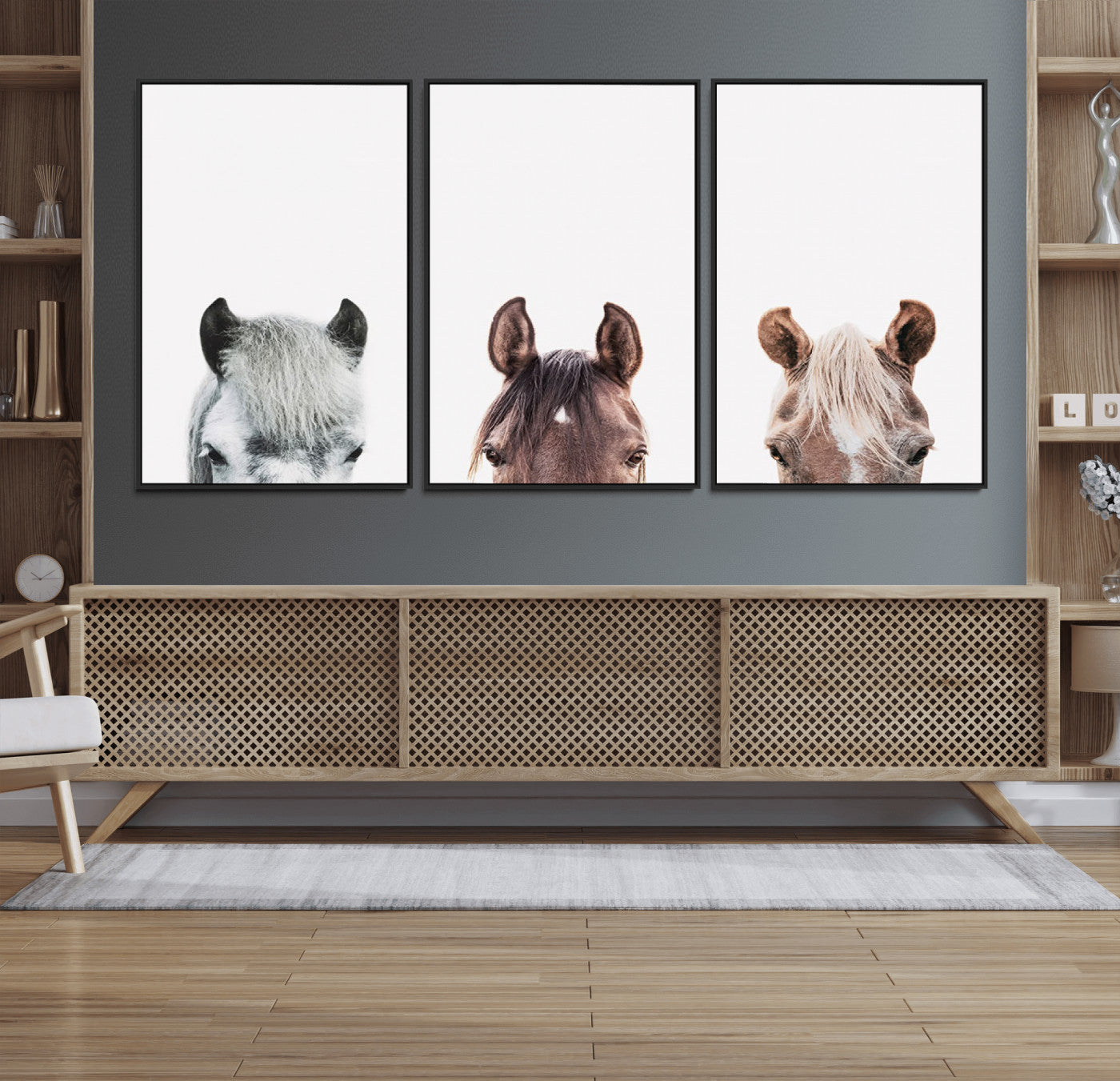 16020-MGV-FC-60X30-3P_Black-Horse Wall Art - Minimalist Horse Triptych Wall Art – Modern 3-Panel Giclée Canvas Featuring Horse