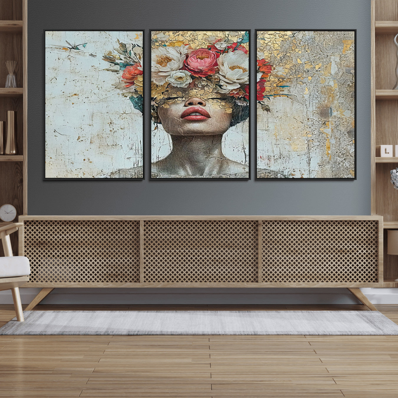 26919-MGV-FC-60X30-3P_Black-Golden Petal Wall Art Canvas Print - Silhouette Woman Wall Art Canvas Print, Floral Woman Portrait