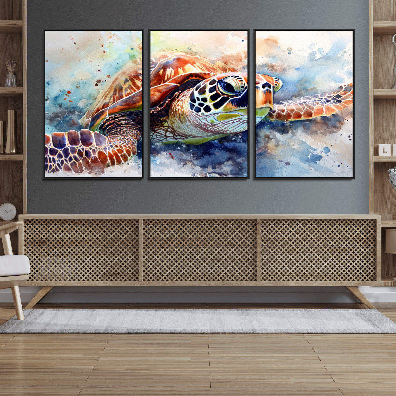 25935-MGV-FC-60X30-3P_Black-Watercolor Sea Turtle Wall Art Canvas Print - Vibrant Ocean Colors in Watercolor Style - Ready to
