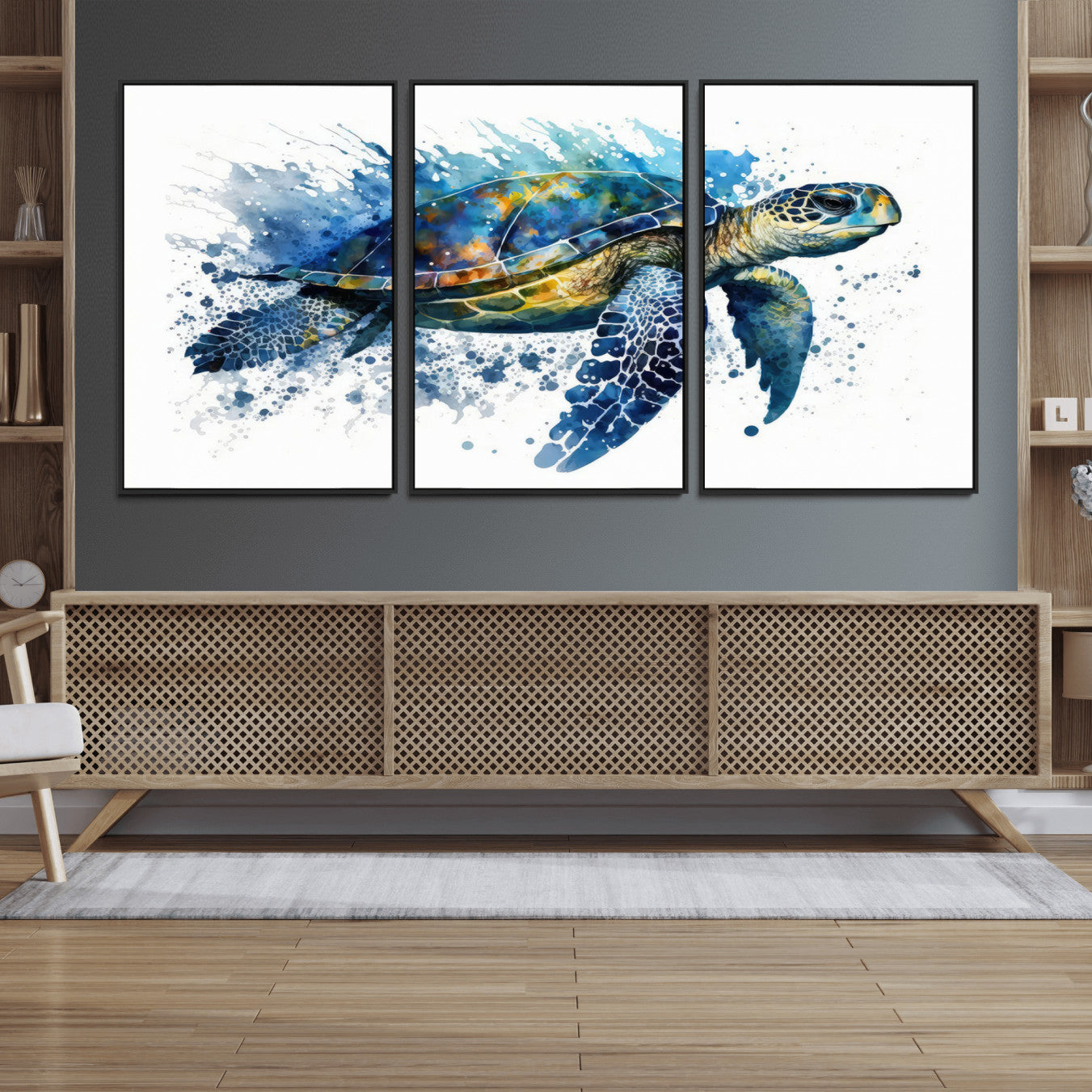 21983-MGV-FC-60X30-3P_Black-Turtle Wall Art Canvas Print, Framed Watercolor Turtle Art Picture Print, Ocean Life Perfect Nautical Decor Artwork