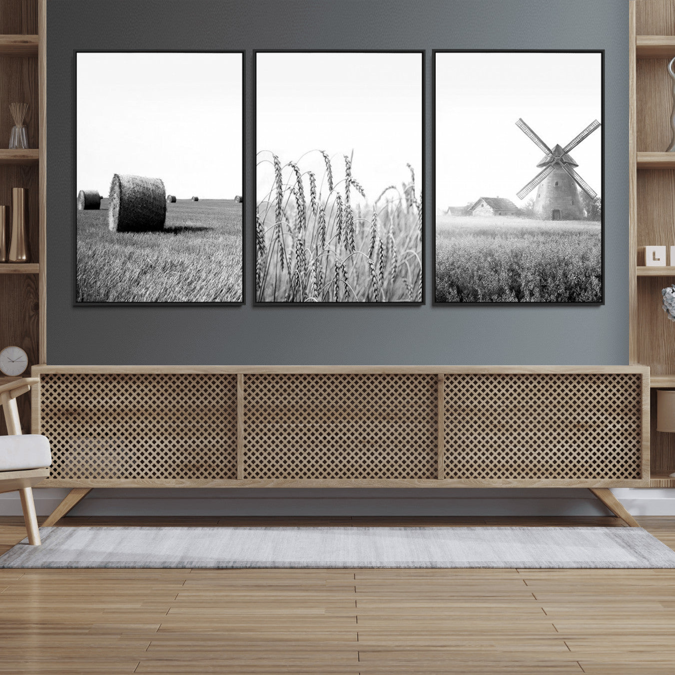 89390-MGV-FC-60X30-3P_Black-Vintage Farmhouse Black and White Triptych Wall Art – Giclee Canvas Featuring Wheat Fields, Hay