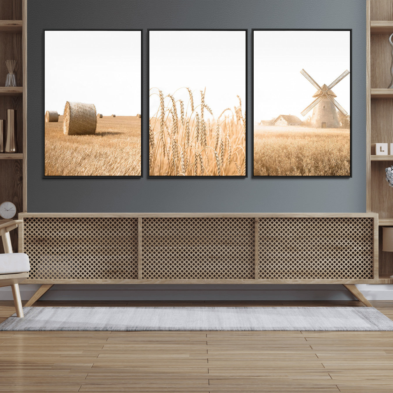 88780-MGV-FC-60X30-3P_Black-Vintage Farmhouse Triptych Wall Art – Giclée Canvas Featuring Wheat Fields, Hay Bales, and a