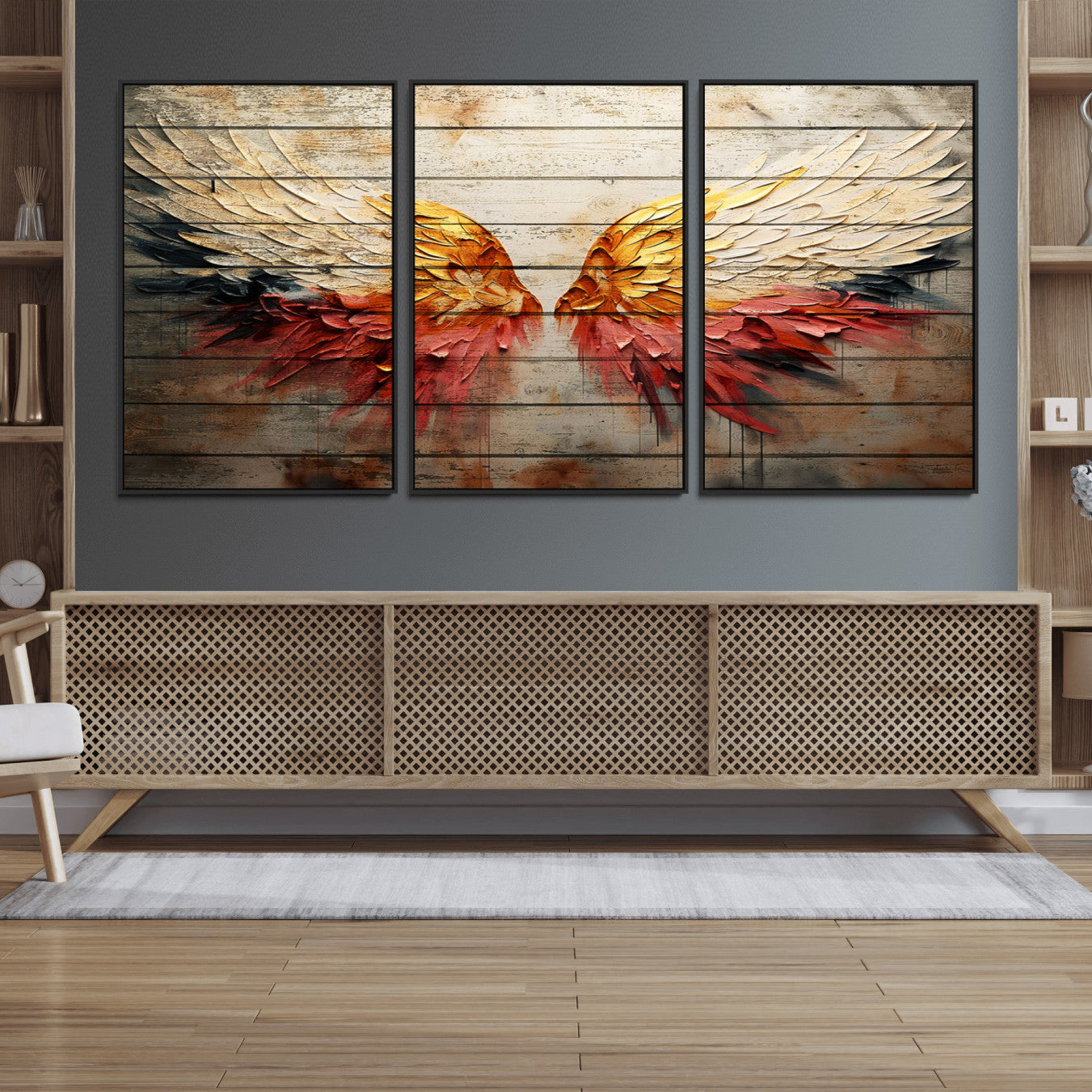 19244-MGV-FC-60X30-3P_Black-Abstract Angel Wings Canvas Wall Art – Framed and Ready to Hang Modern Angelic Wings Decor for