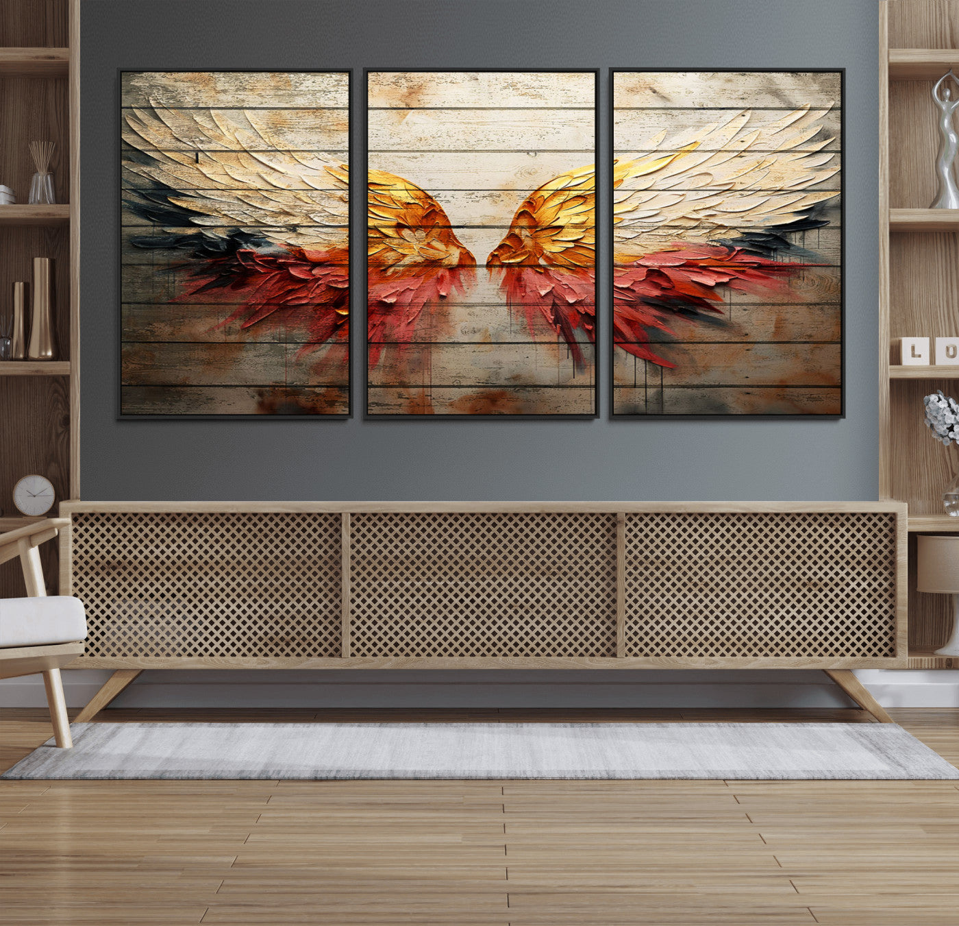 19244-MGV-FC-60X30-3P_Black-Abstract Angel Wings Canvas Wall Art – Framed and Ready to Hang Modern Angelic Wings Decor for