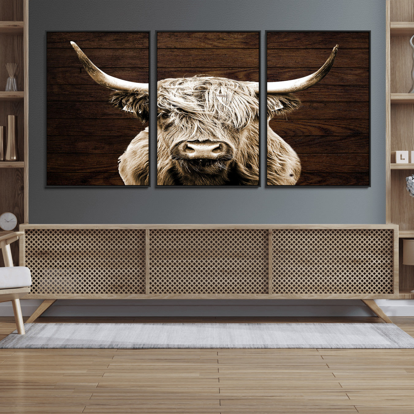 -Highland Cow Wall Art Canvas Print, Rustic Farmhouse Decor, Majestic Scottish Highland Bull Portrait