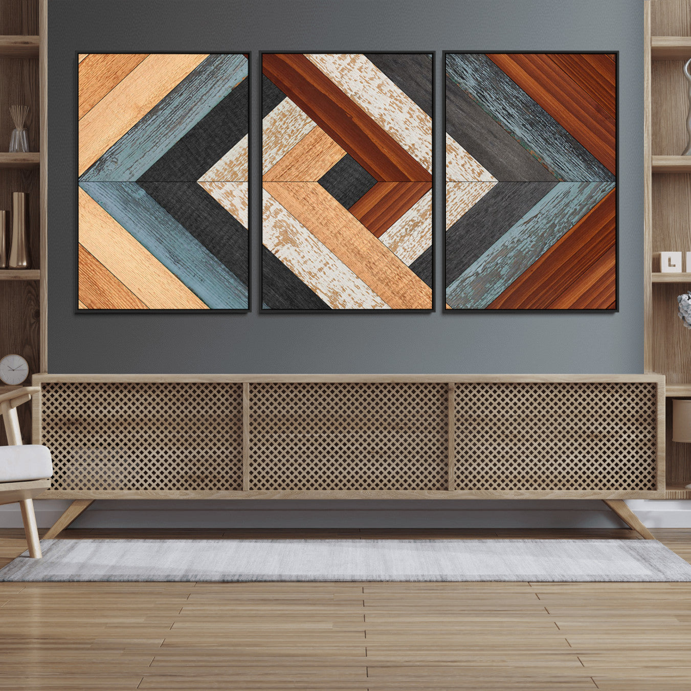 20897-MGV-FC-60X30-3P_Black-Geometric Wood Art Wall Decor Canvas Print, Rustic Wooden Pattern Triptych Wall Art for Living Room
