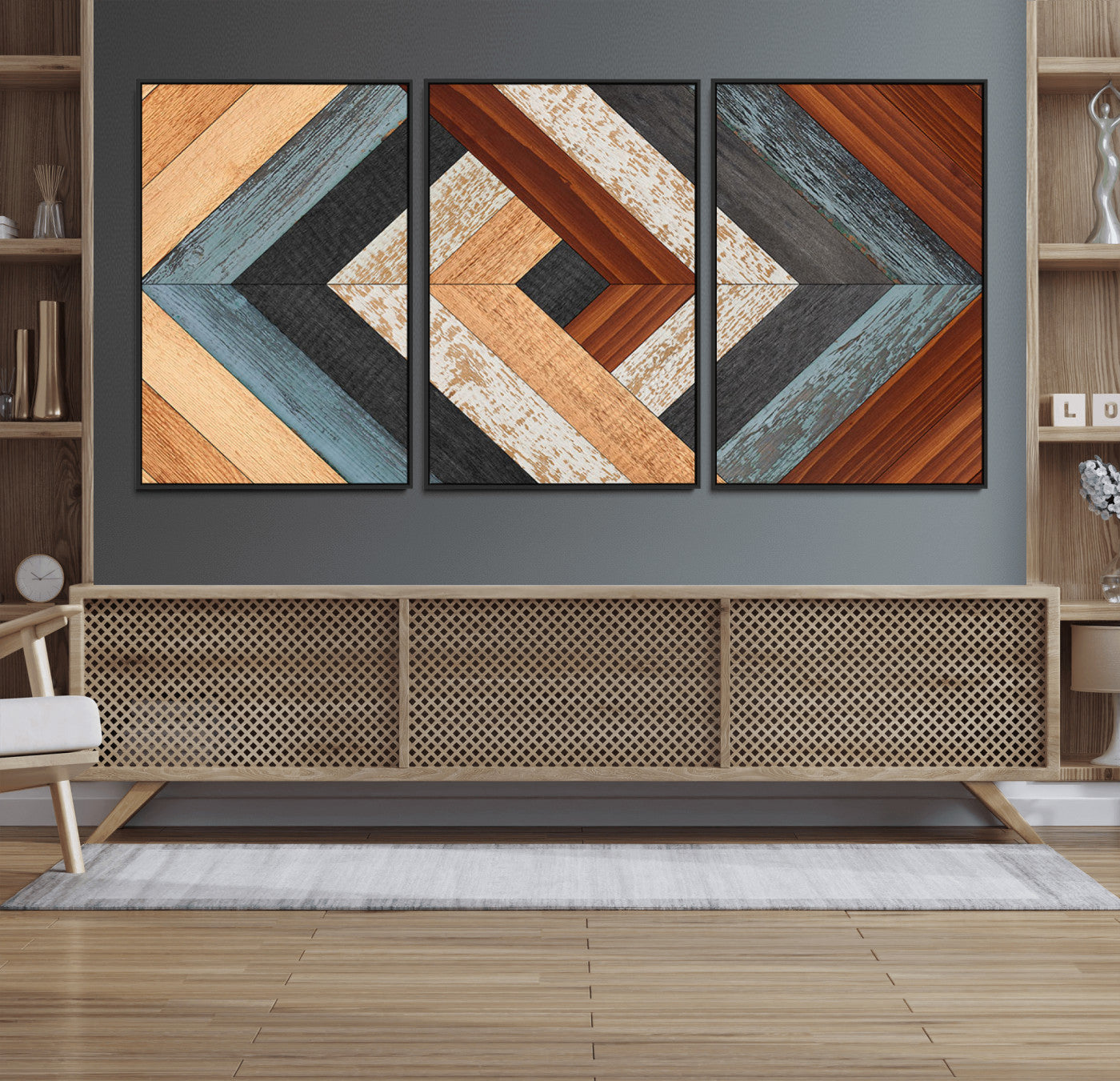 20897-MGV-FC-60X30-3P_Black-Geometric Wood Art Wall Decor Canvas Print, Rustic Wooden Pattern Triptych Wall Art for Living Room