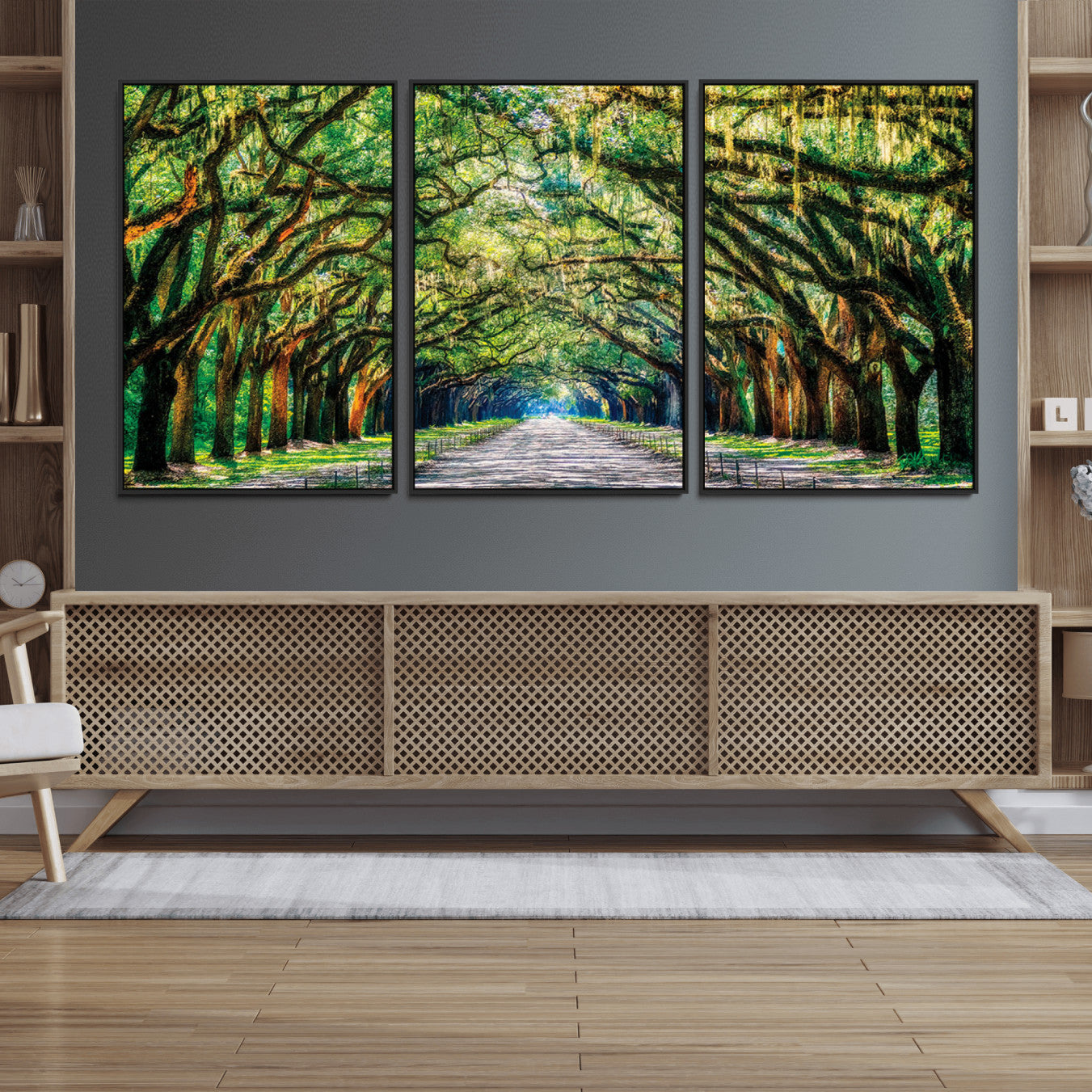 -Serene Tree Tunnel Wall Art Canvas Print – Pathway Under Canopy of Lush Green Trees, Nature-Inspired