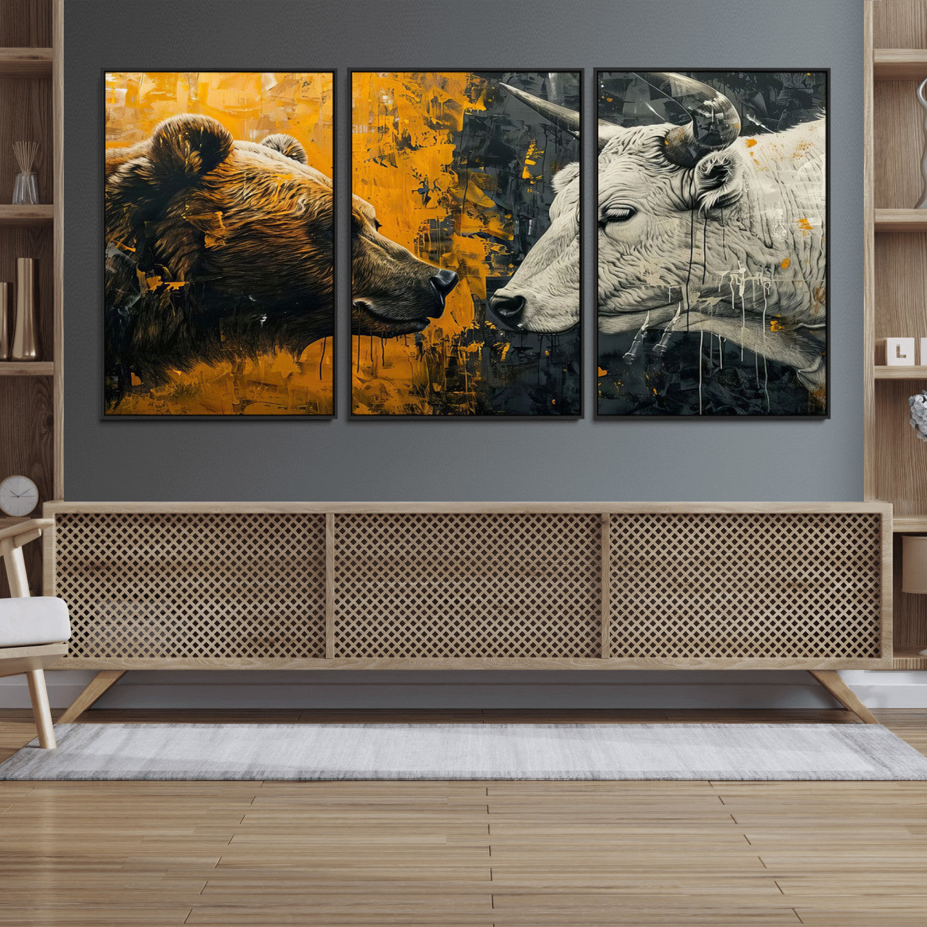 71185-MGV-FC-60X30-3P_Black-Bear and Bull Wall Art Canvas Print – Abstract Animal Portrait Painting for Modern Home Decor –