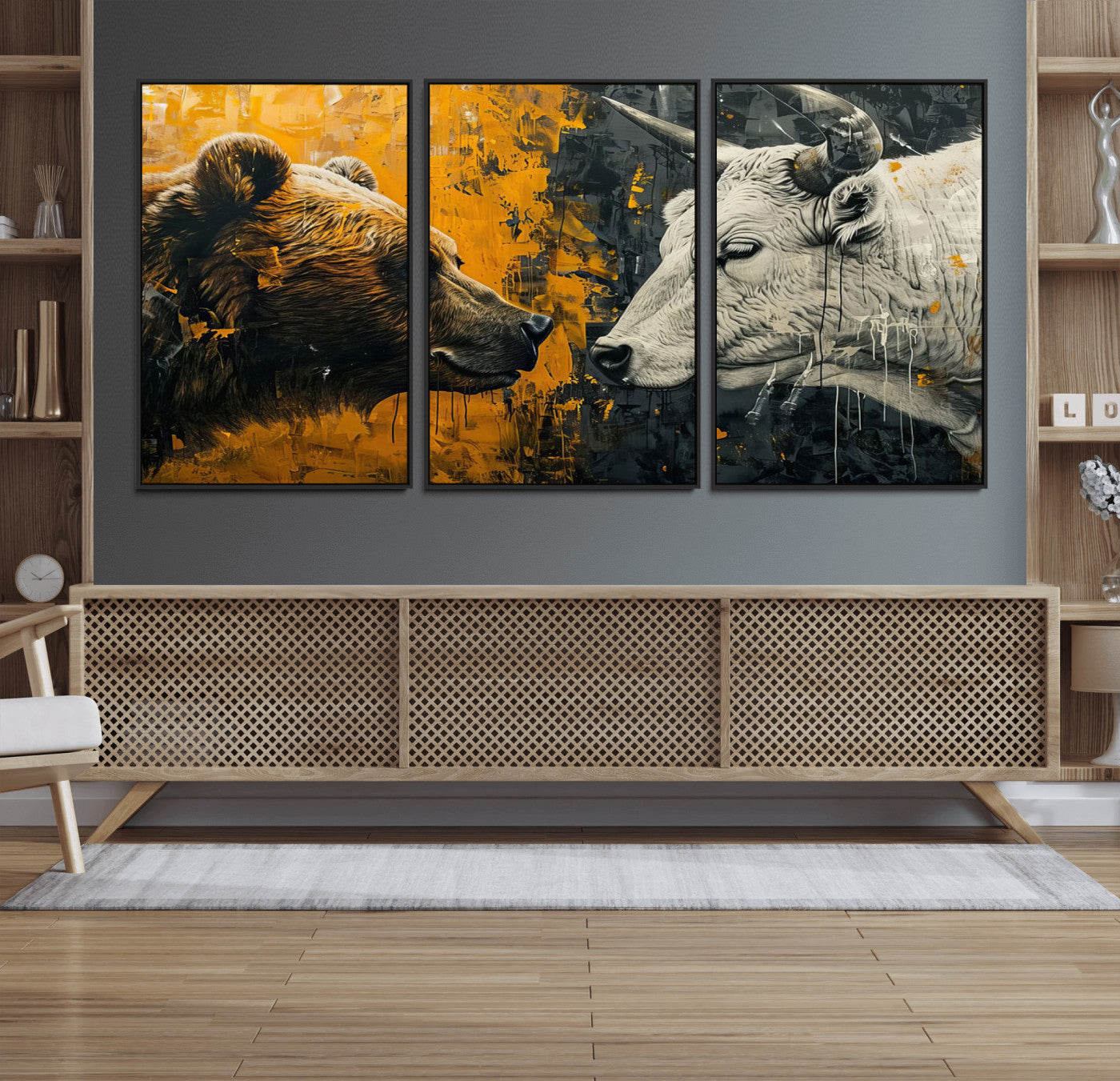 71185-MGV-FC-60X30-3P_Black-Bear and Bull Wall Art Canvas Print – Abstract Animal Portrait Painting for Modern Home Decor –