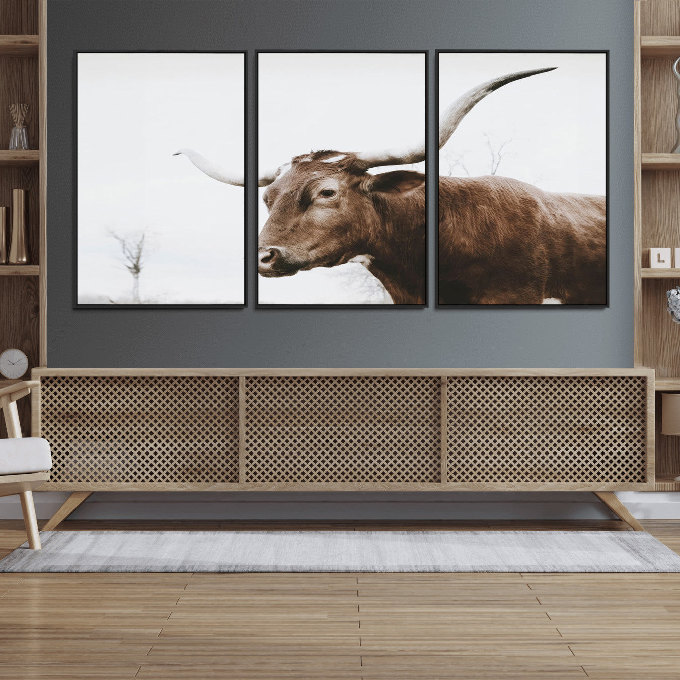 44548-MGV-FC-60X30-3P_Black-Rustic Bull Wall Art Canvas Print – Modern Longhorn Farmhouse Animal Decor – Abstract Farm Cow