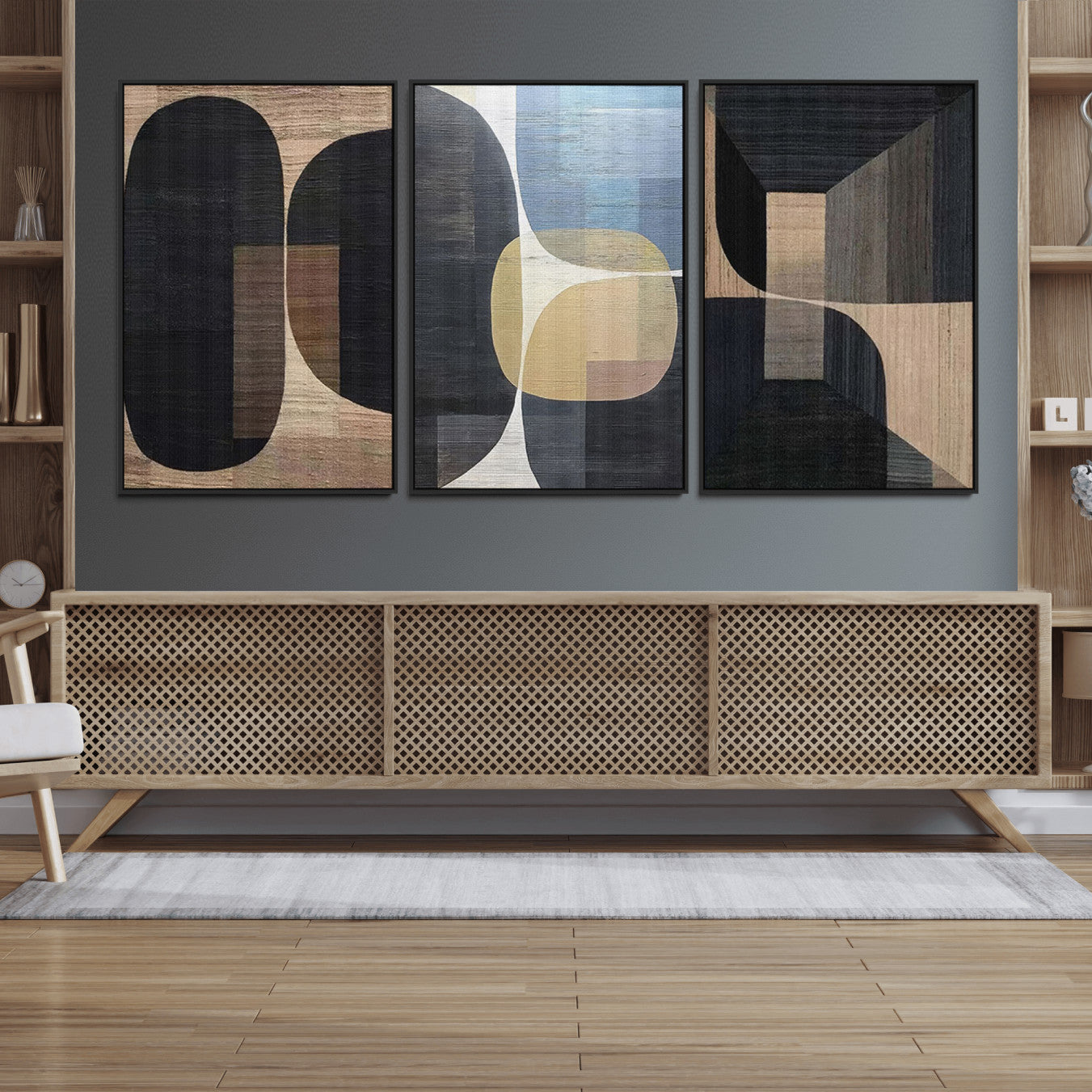 75252-MGV-FC-60X30-3P_Black-Minimalist Wabi Sabi Abstract Geometric Wall Art Canvas Print – Modern Minimalist Shapes – Ready to