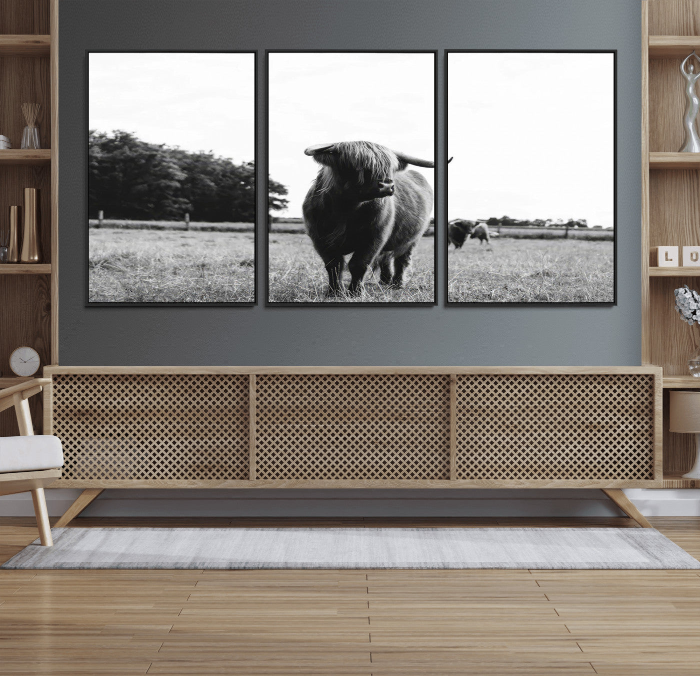 94074-MGV-FC-60X30-3P_Black-Black and White Highland Cow Wall Art Canvas Print | Rustic Western Decor for Living Room or Office,