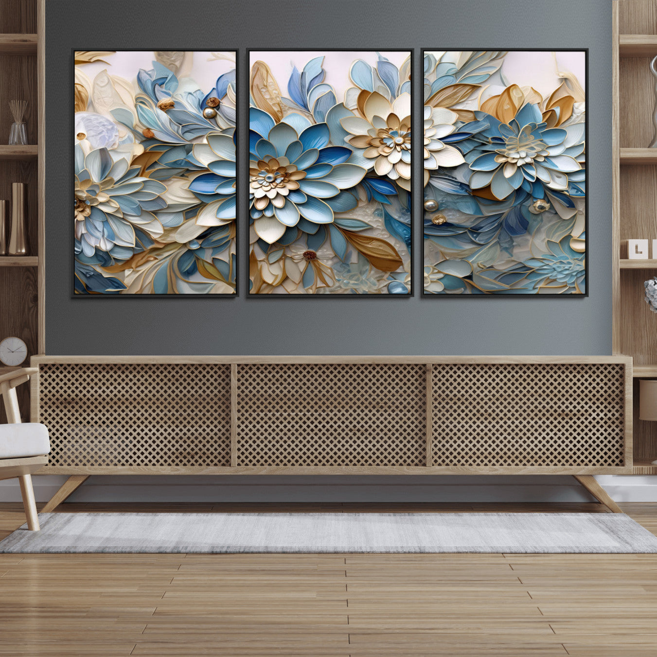10625-MGV-FC-60X30-3P_Black-Blu Abstract Flower Wall Art Canvas Print