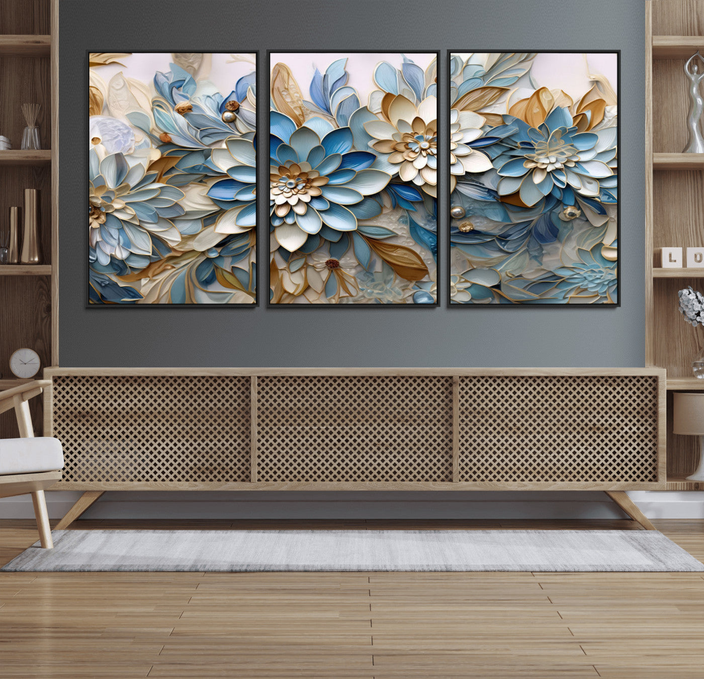 10625-MGV-FC-60X30-3P_Black-Blu Abstract Flower Wall Art Canvas Print