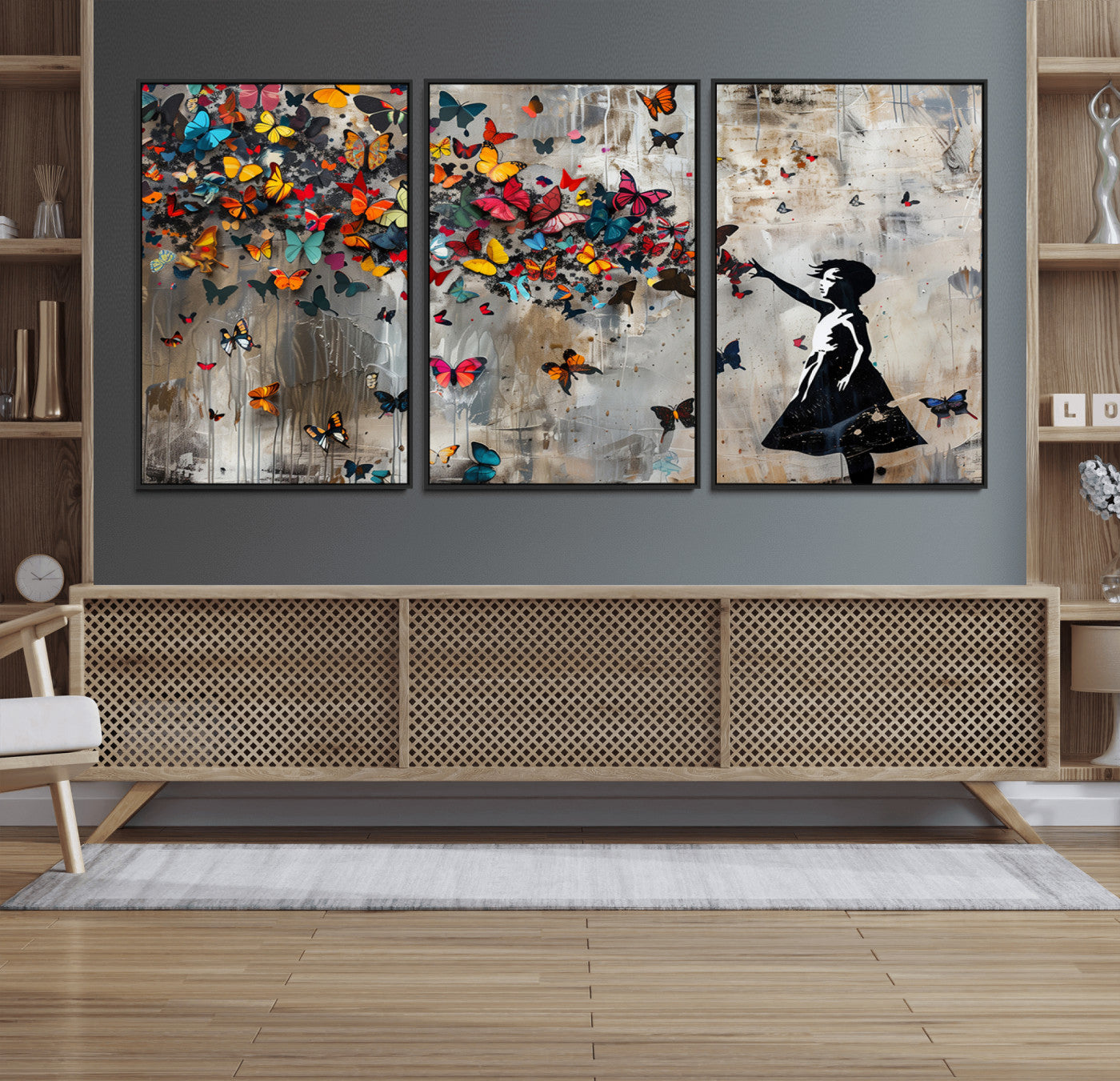 40269-MGV-FC-60X30-3P_Black-Banksy Wall Art - Banksy Girl and Butterfly Explosion Wall Art Canvas Print | Girl with Butterflies