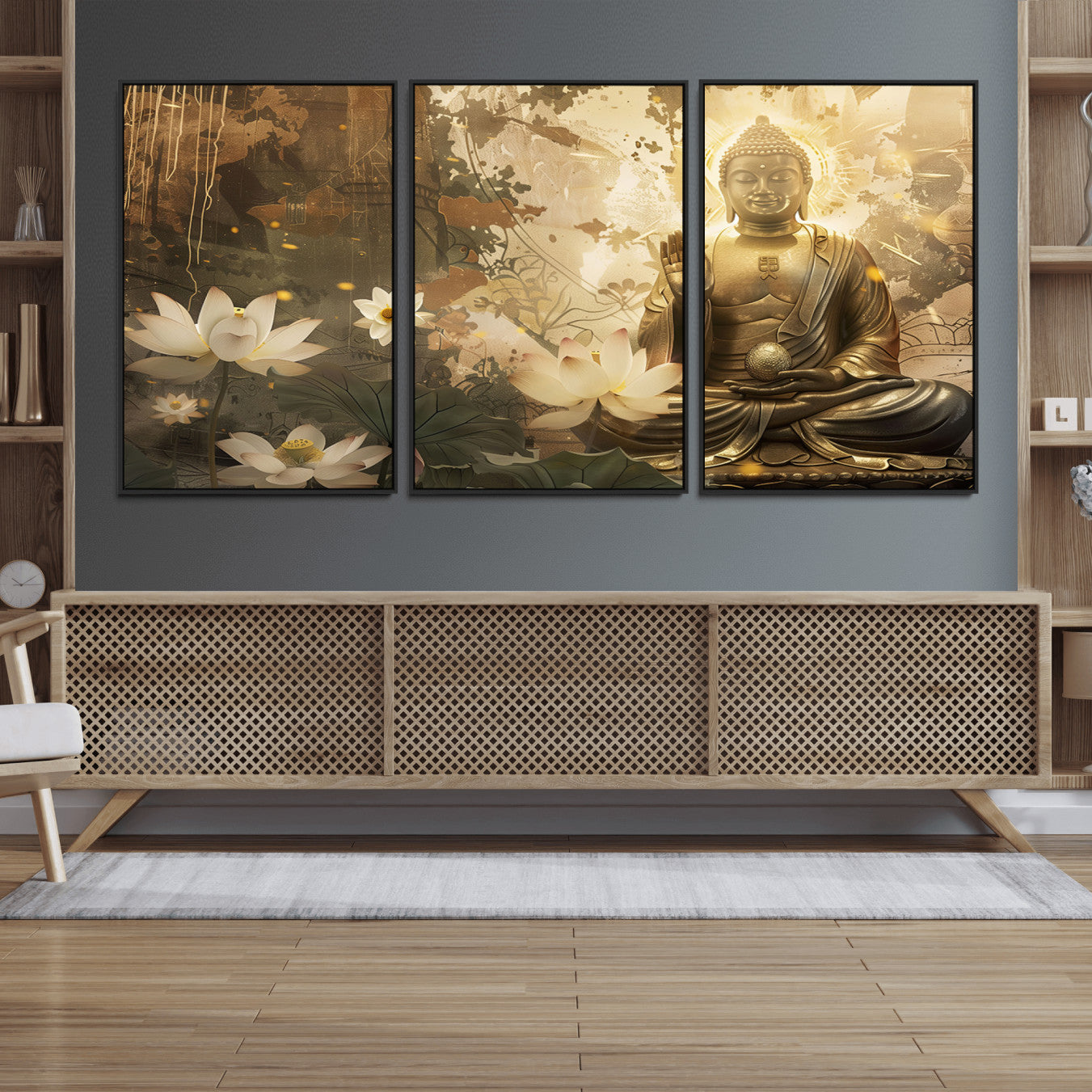 58897-MGV-FC-60X30-3P_Black-Zen Buddha Wall Art Canvas Print | Peaceful Meditation Decor with Lotus Flowers | Spiritual Serenity