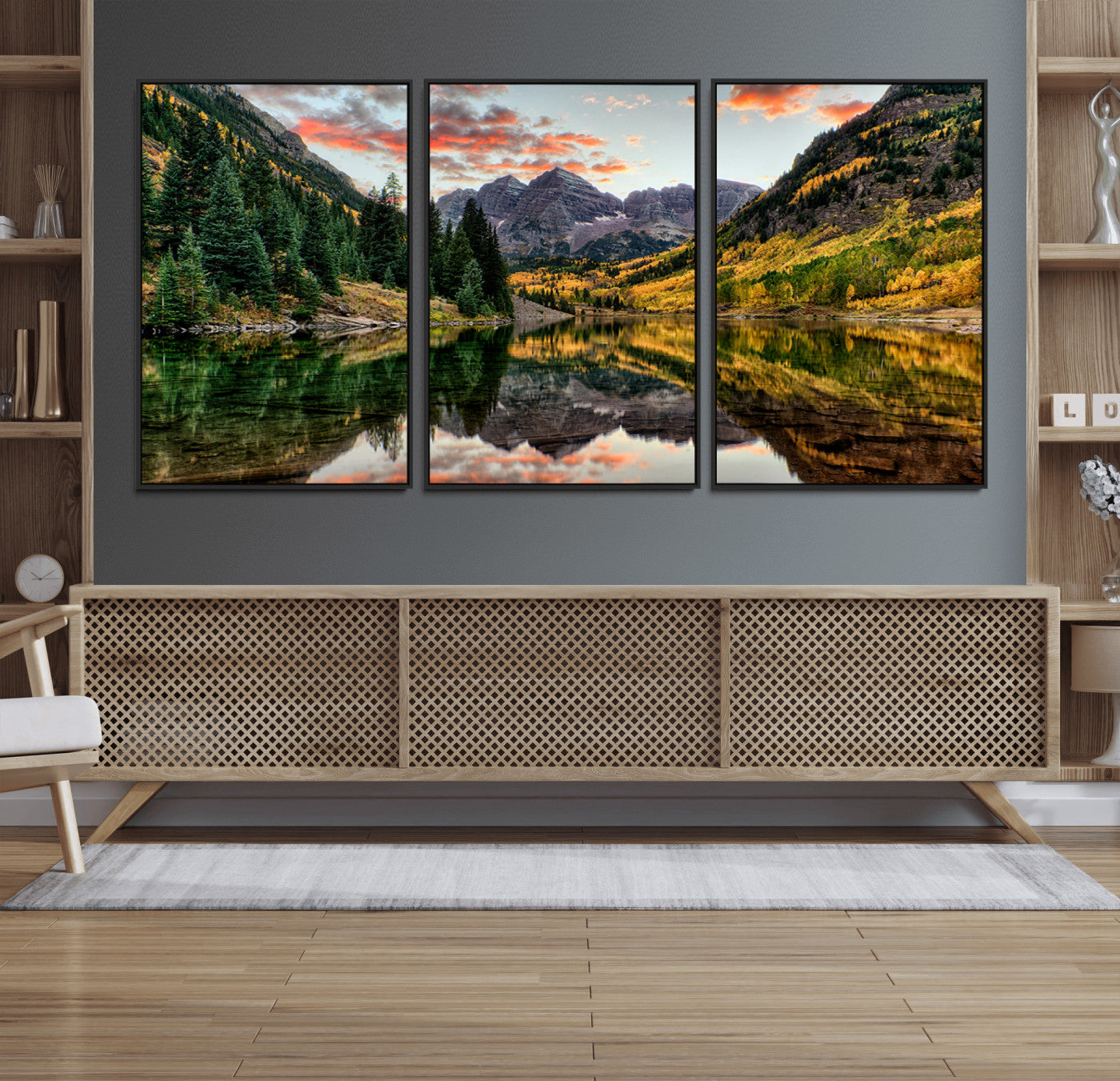 14376-MGV-FC-60X30-3P_Black-Maroon Bells Wall Art - Scenic Canvas Print of Maroon Bells in Autumn for Elegant Home or Office