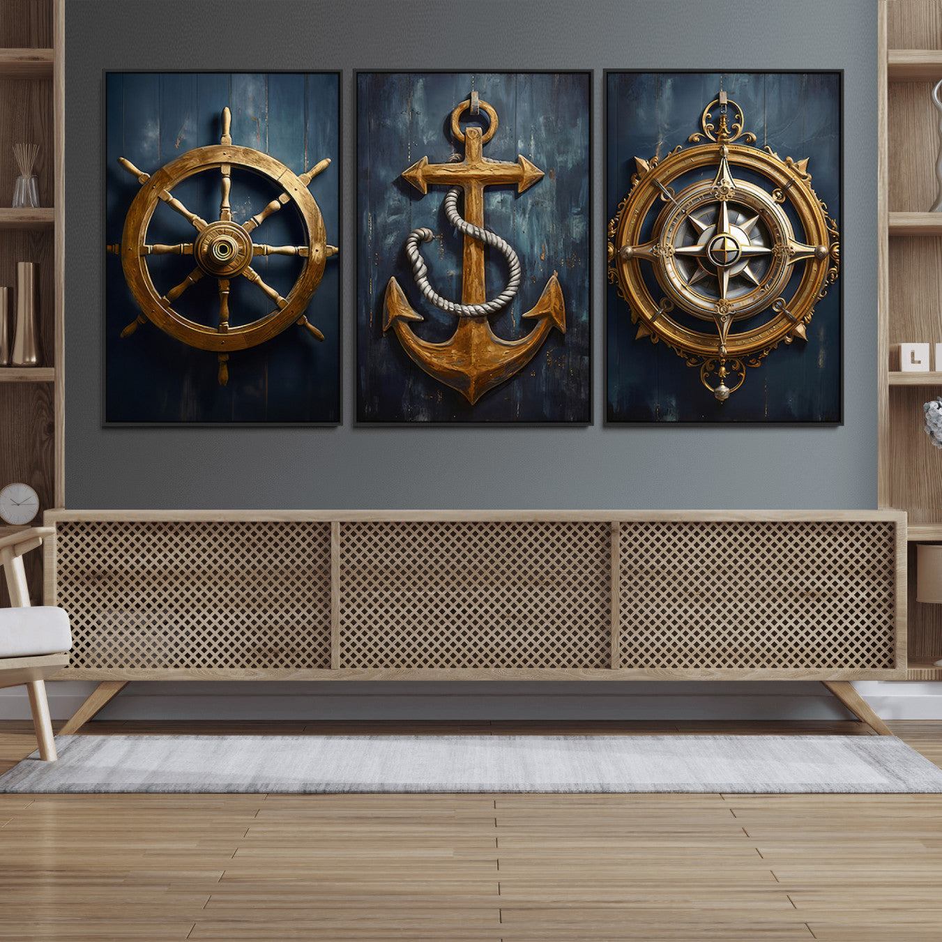56214-MGV-FC-60X30-3P - Boat Anchor Compass With Rope Wall Art Canvas Print | Beach House Wall Art